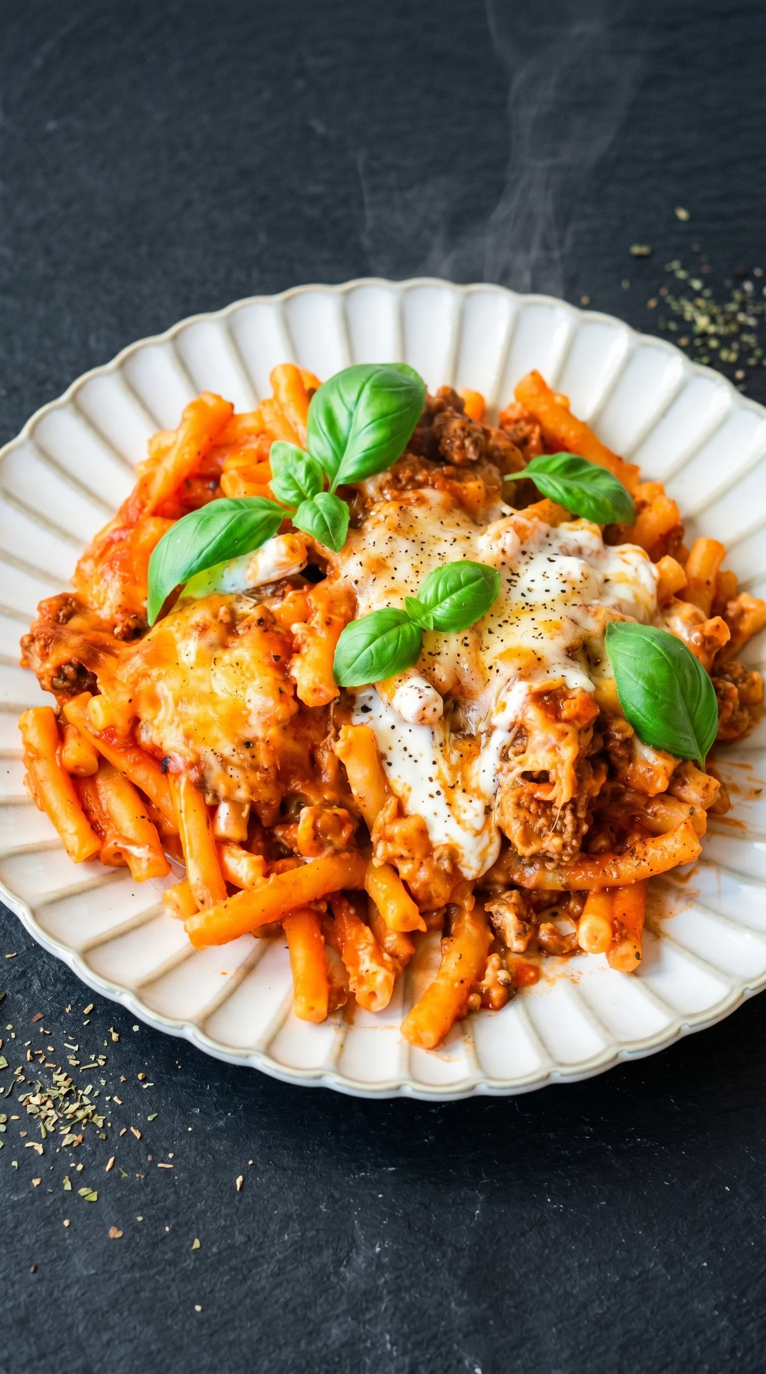 A plate of pasta with meat on top.