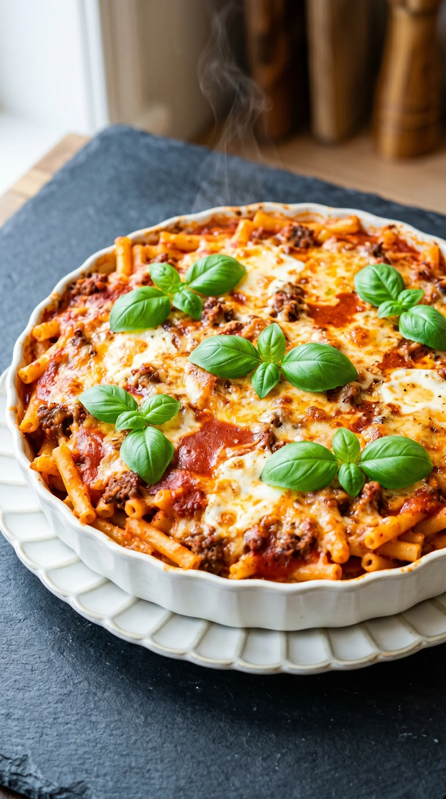 A dish of pasta with meat and herbs.