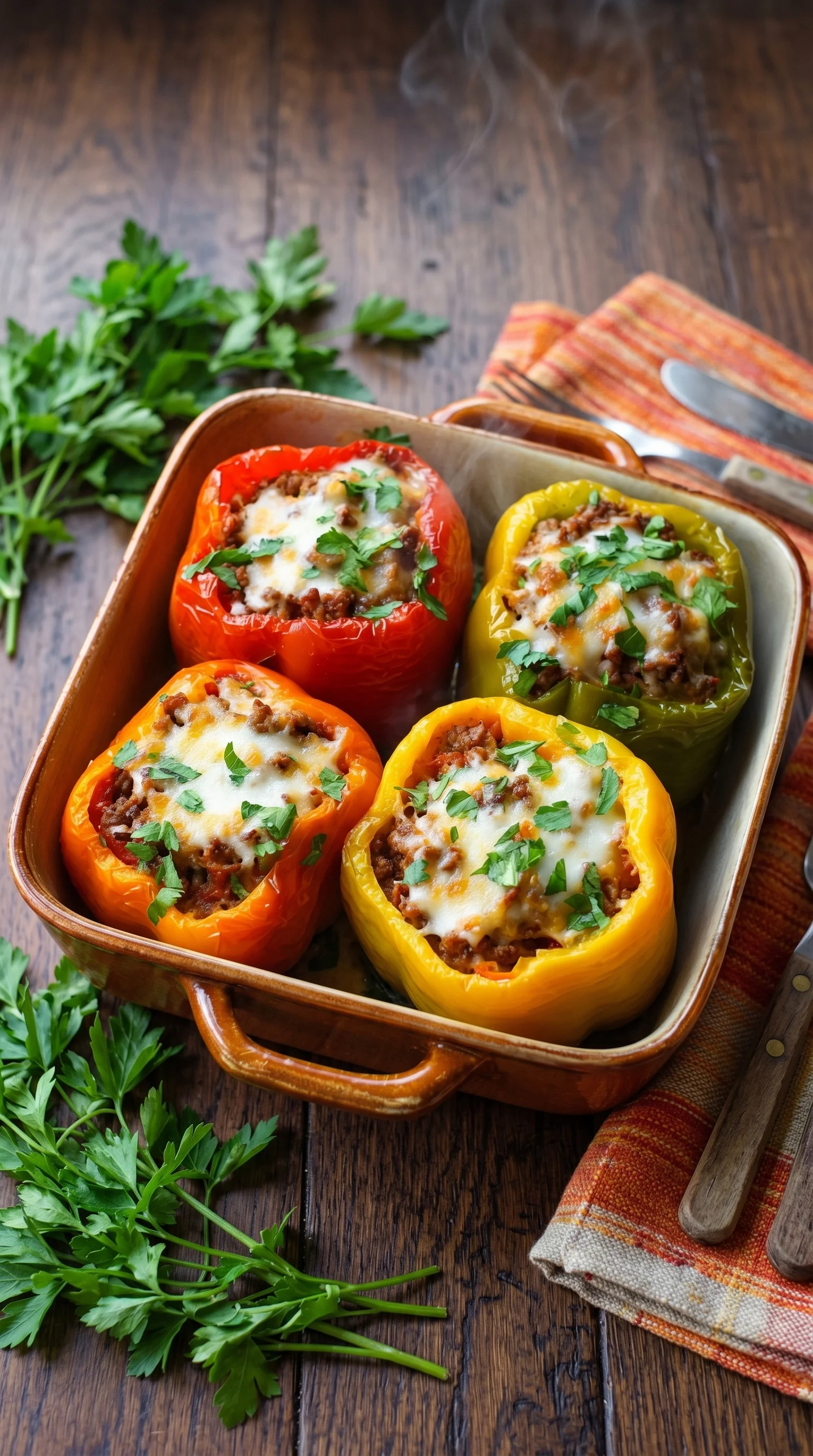 A bowl of peppers with cheese and meat.