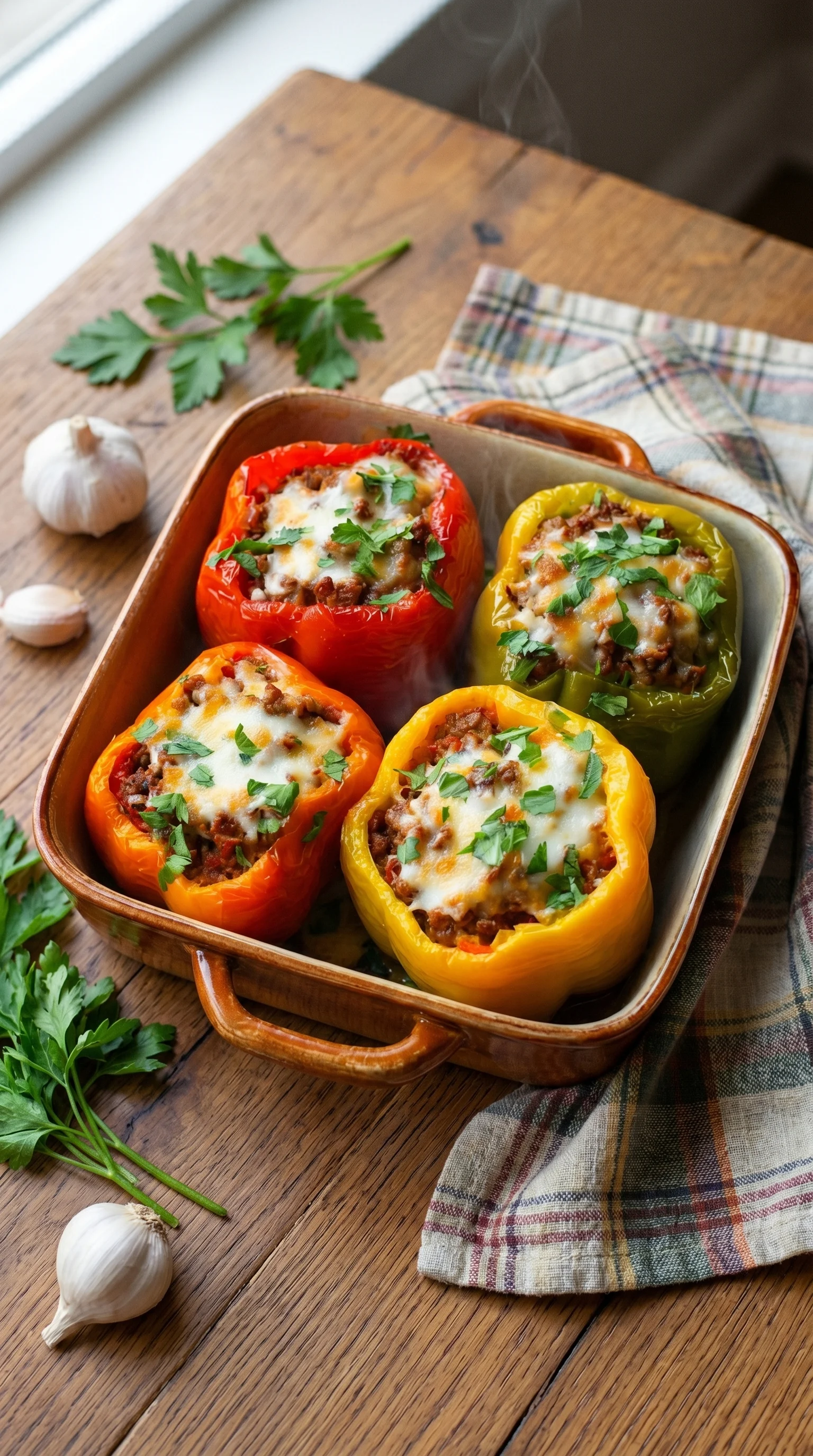 A bowl of four different colored peppers filled with cheese.