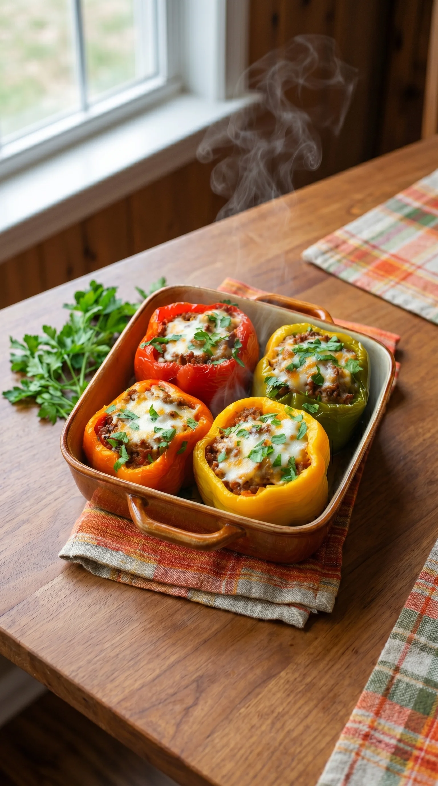 A pan of peppers with cheese and meat.