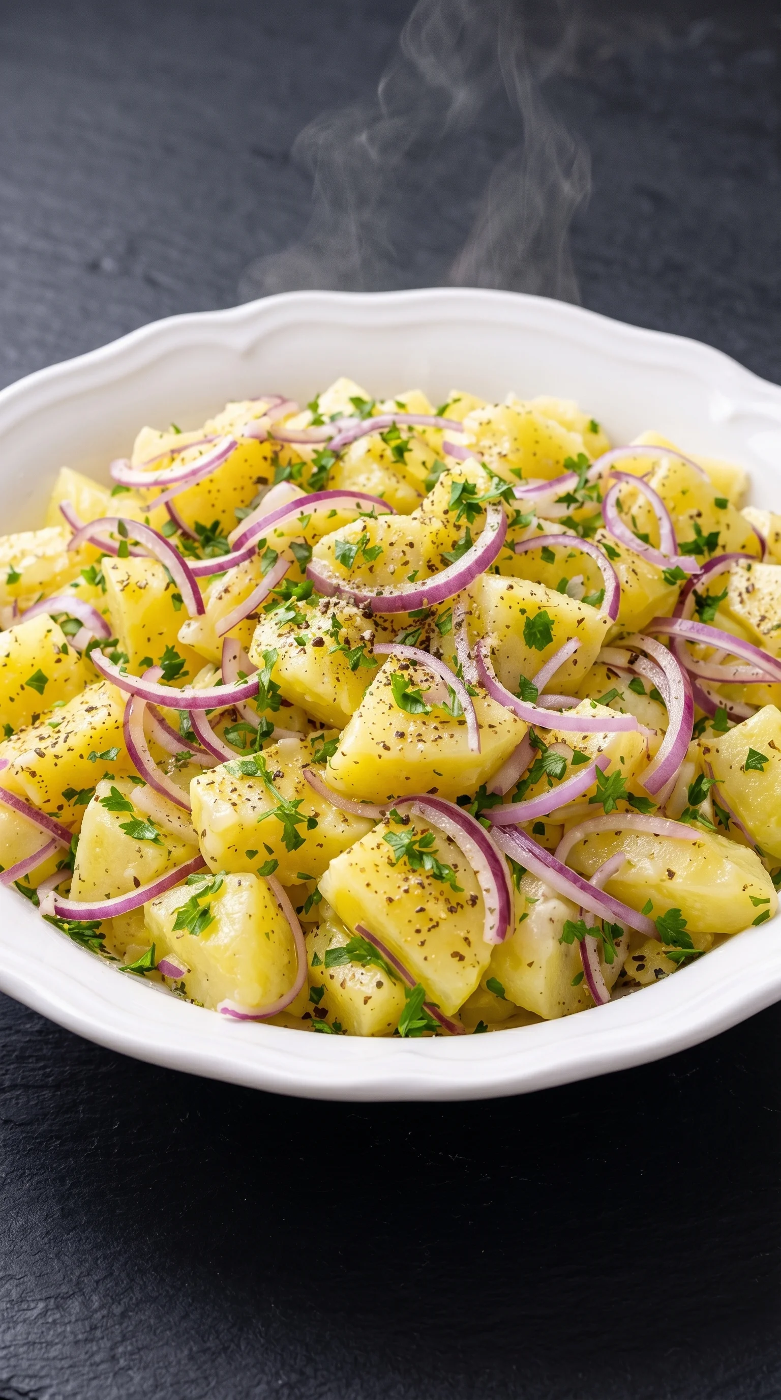 A white bowl filled with a salad of potatoes, onions, and herbs.