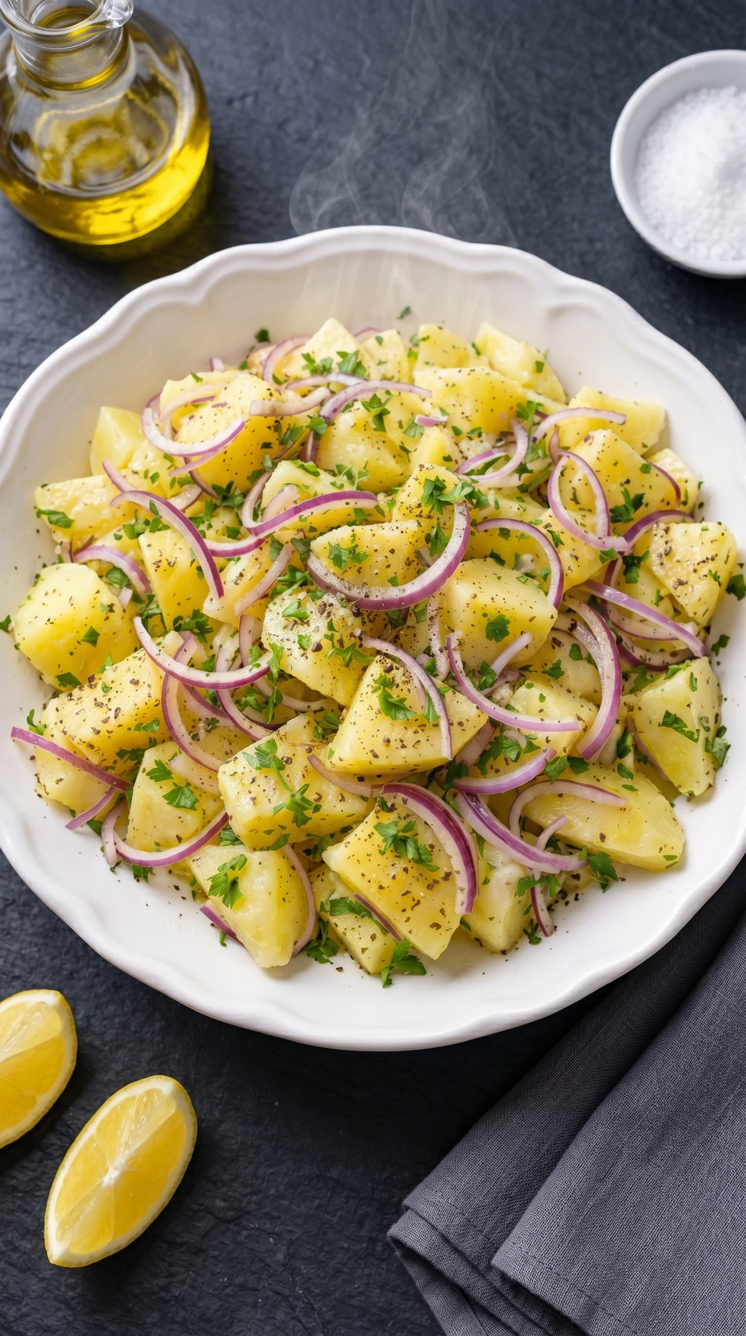 A white bowl filled with grilled potatoes, onions, and herbs.