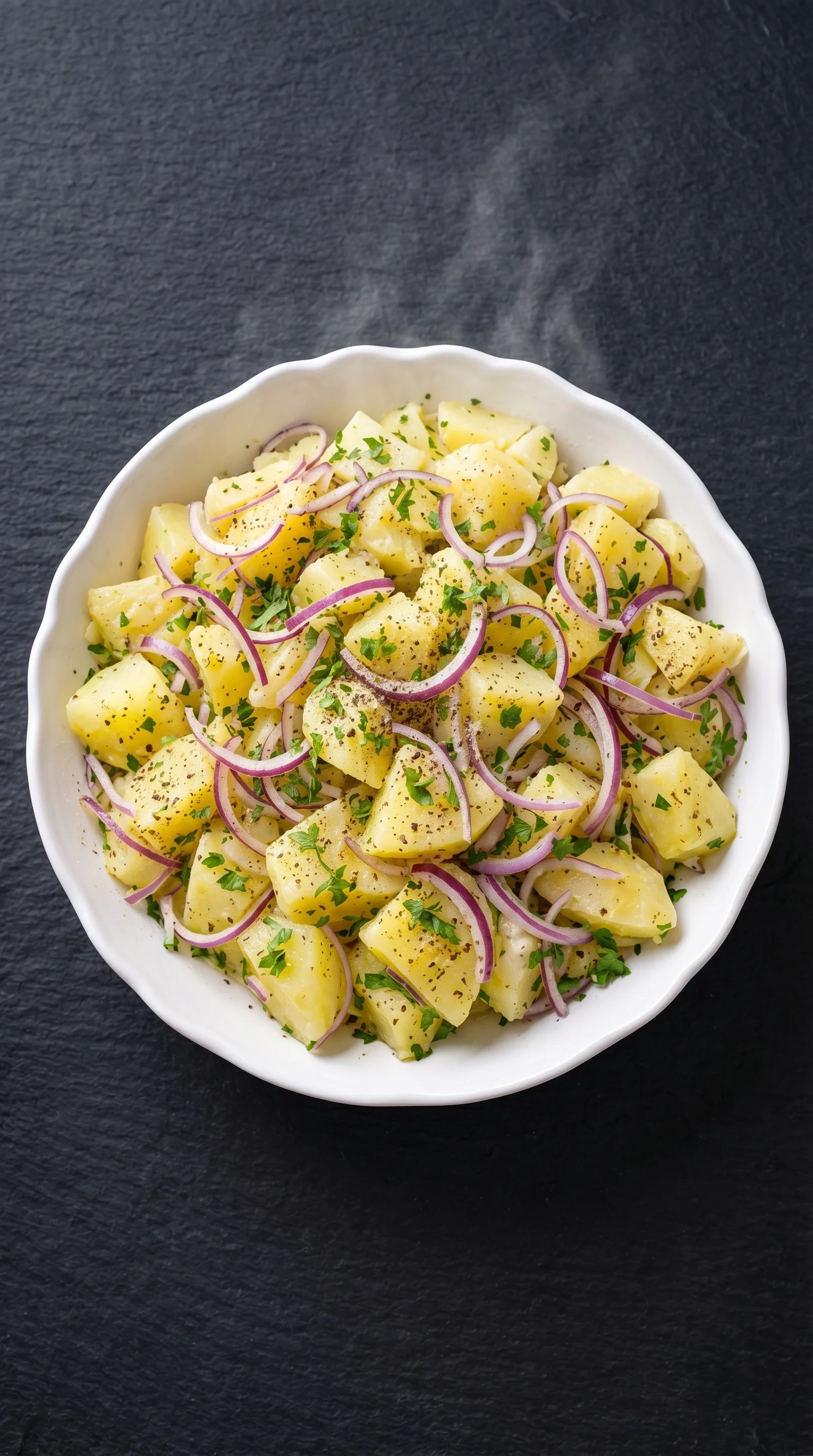 A white bowl filled with potatoes, onions, and herbs.
