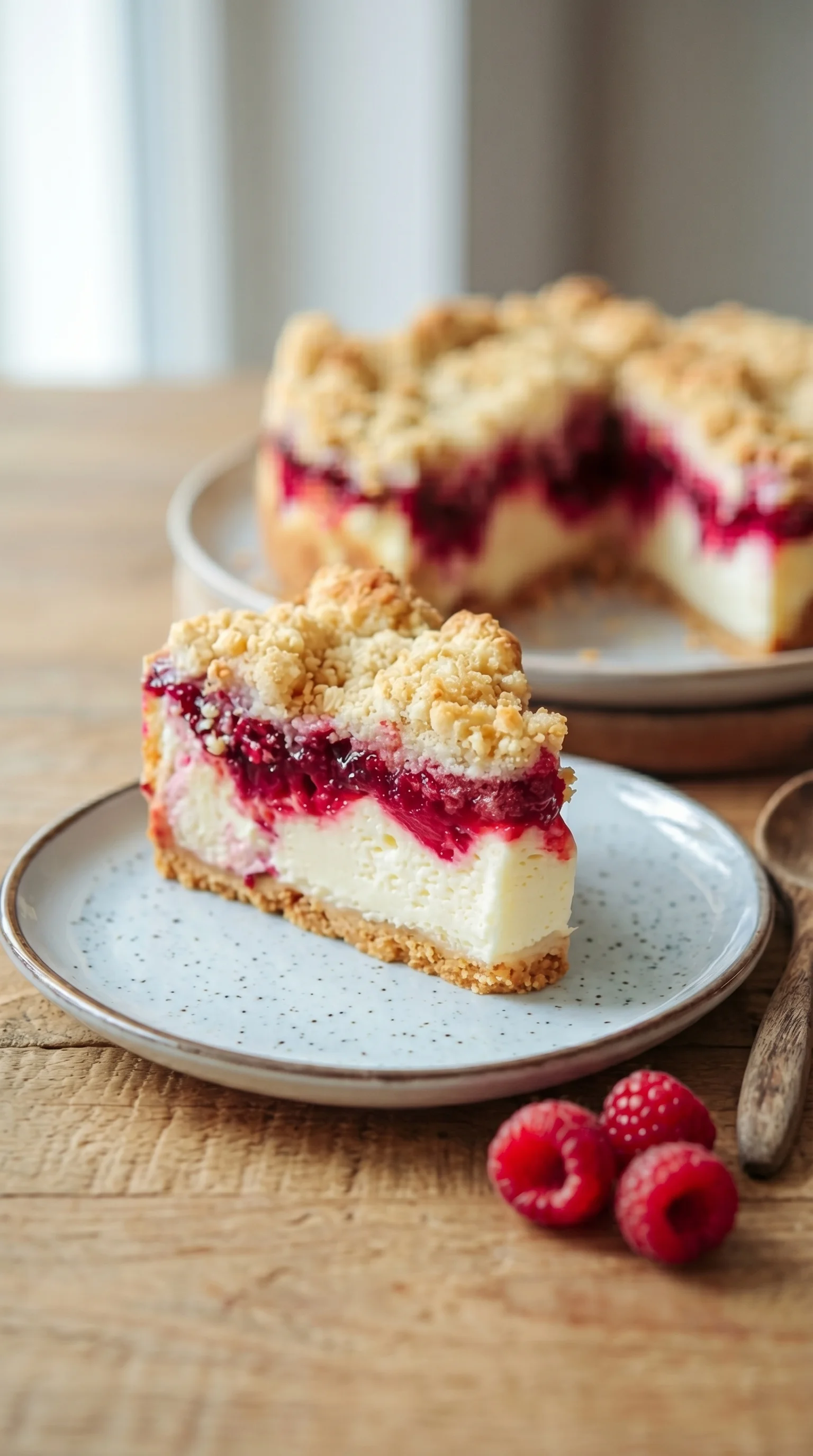 A slice of cheesecake with strawberry jam on top.