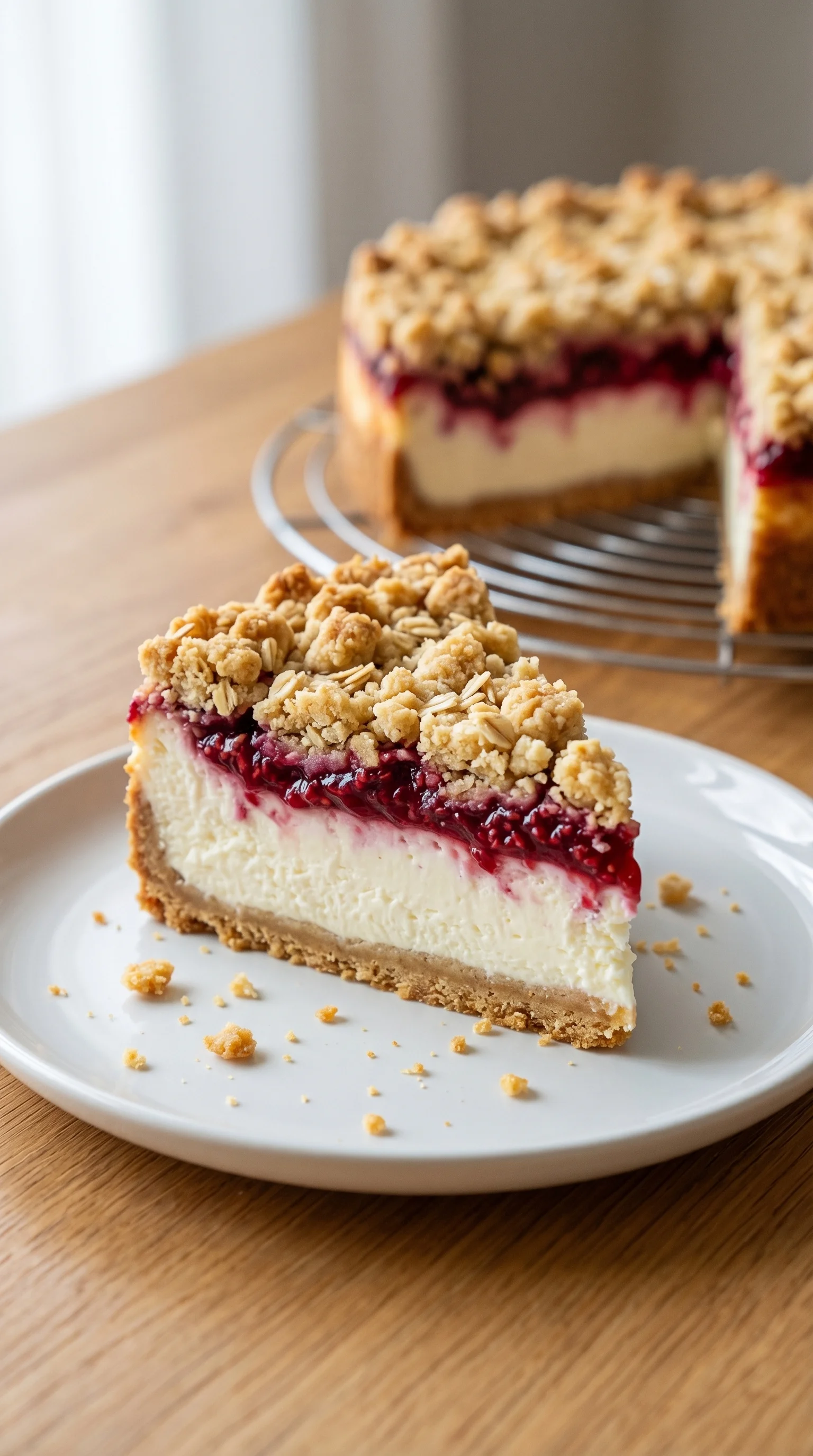 A slice of cheesecake with a streusel topping.