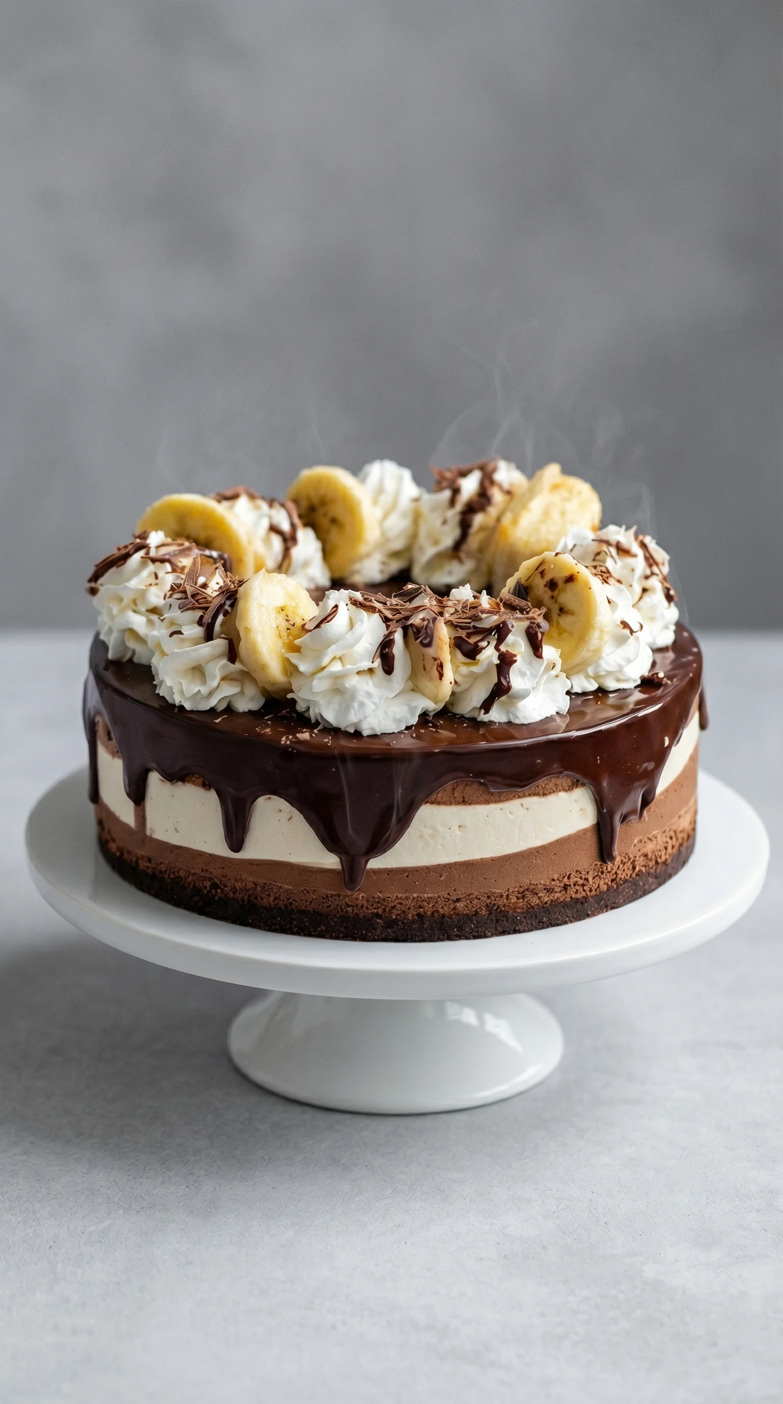 A chocolate and banana cake with whipped cream.