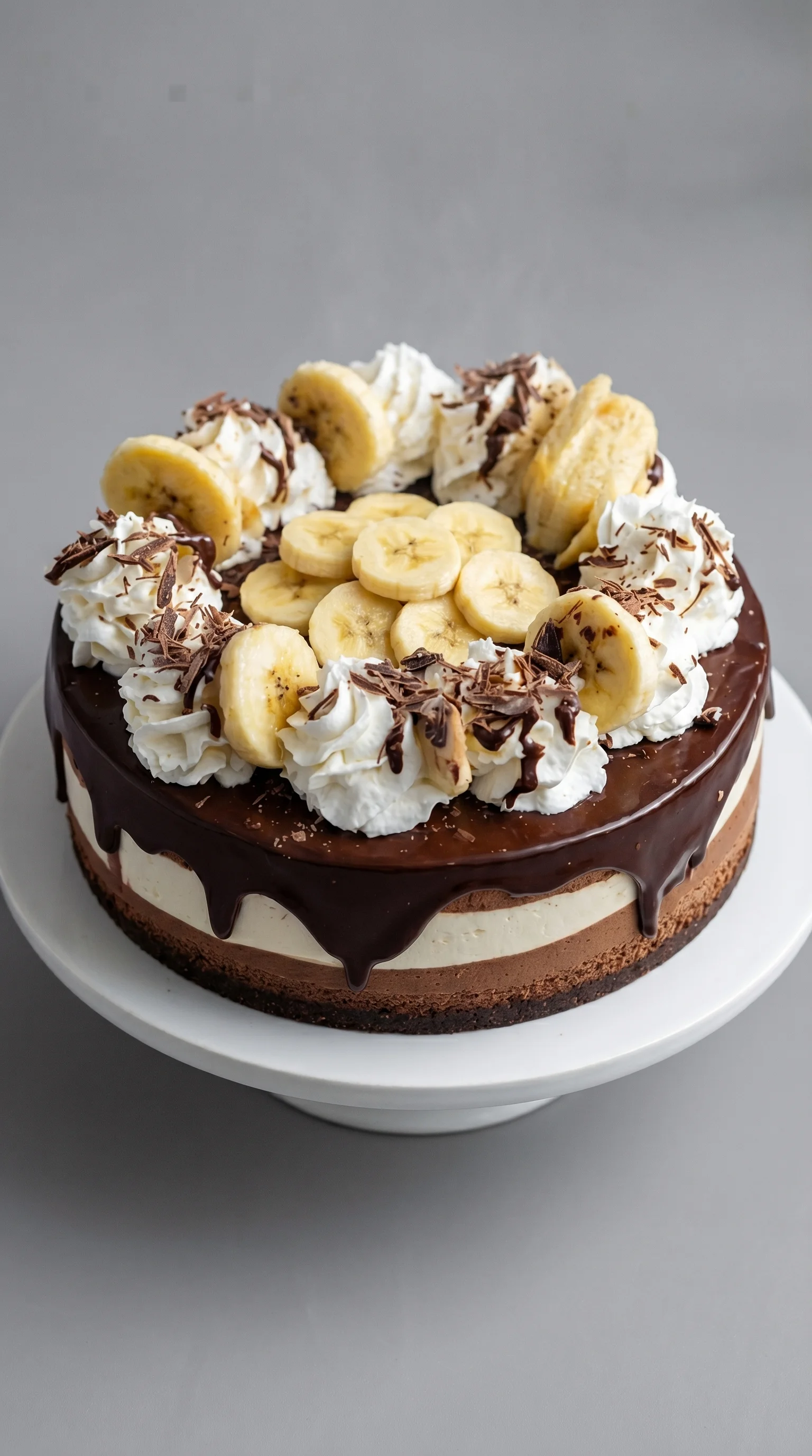 A chocolate and banana cake with white frosting.
