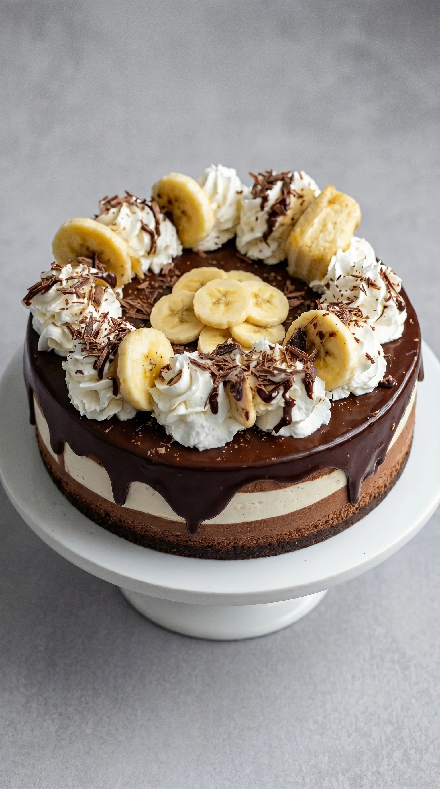 A chocolate and banana cake on a plate.