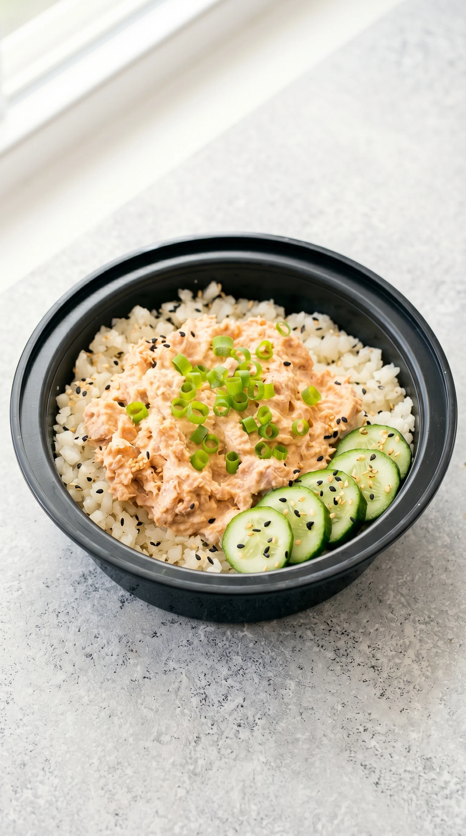 A bowl of rice with cucumbers and tuna.
