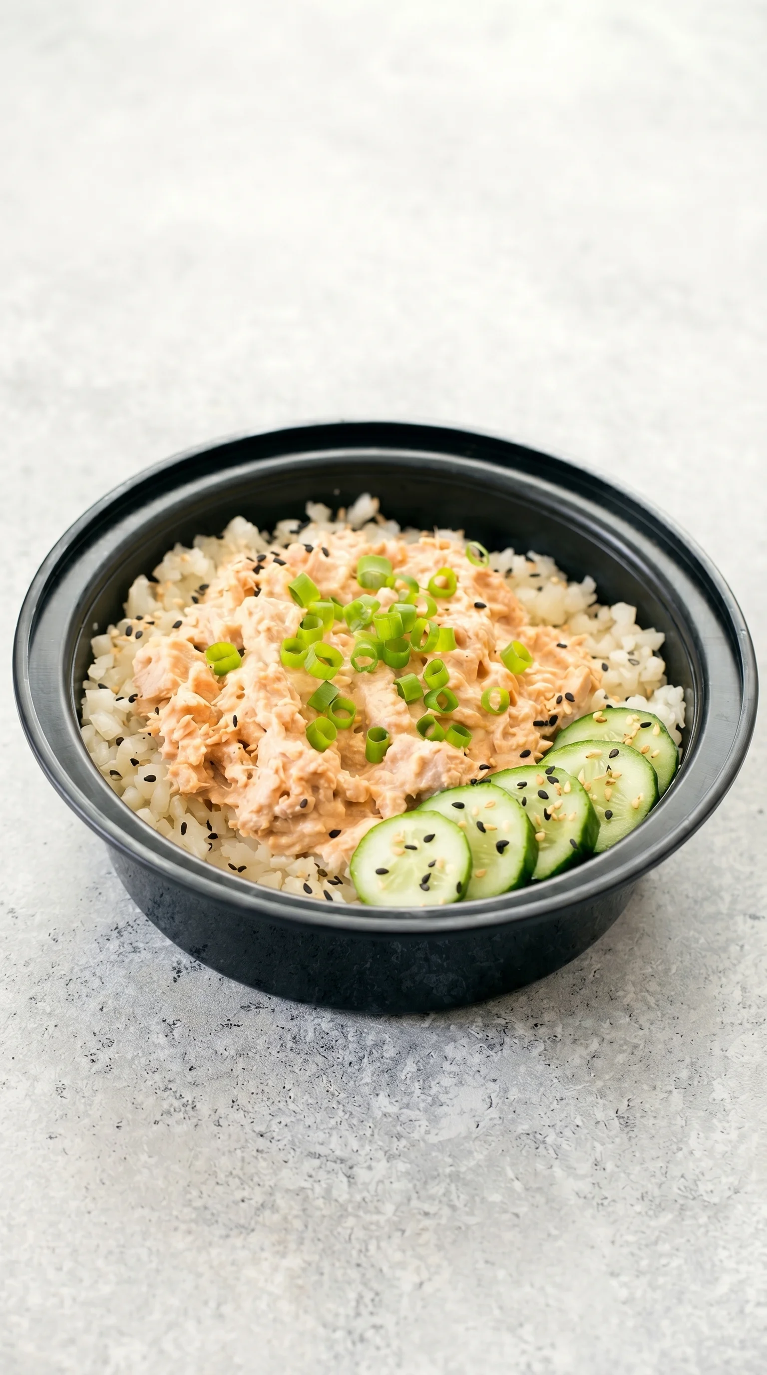A bowl of food with rice, cucumbers, and a sauce.