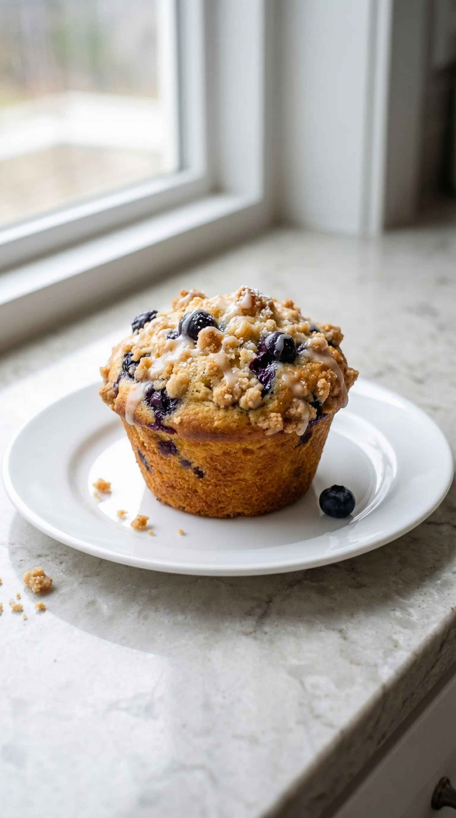 A muffin with blueberries and nuts on a plate.