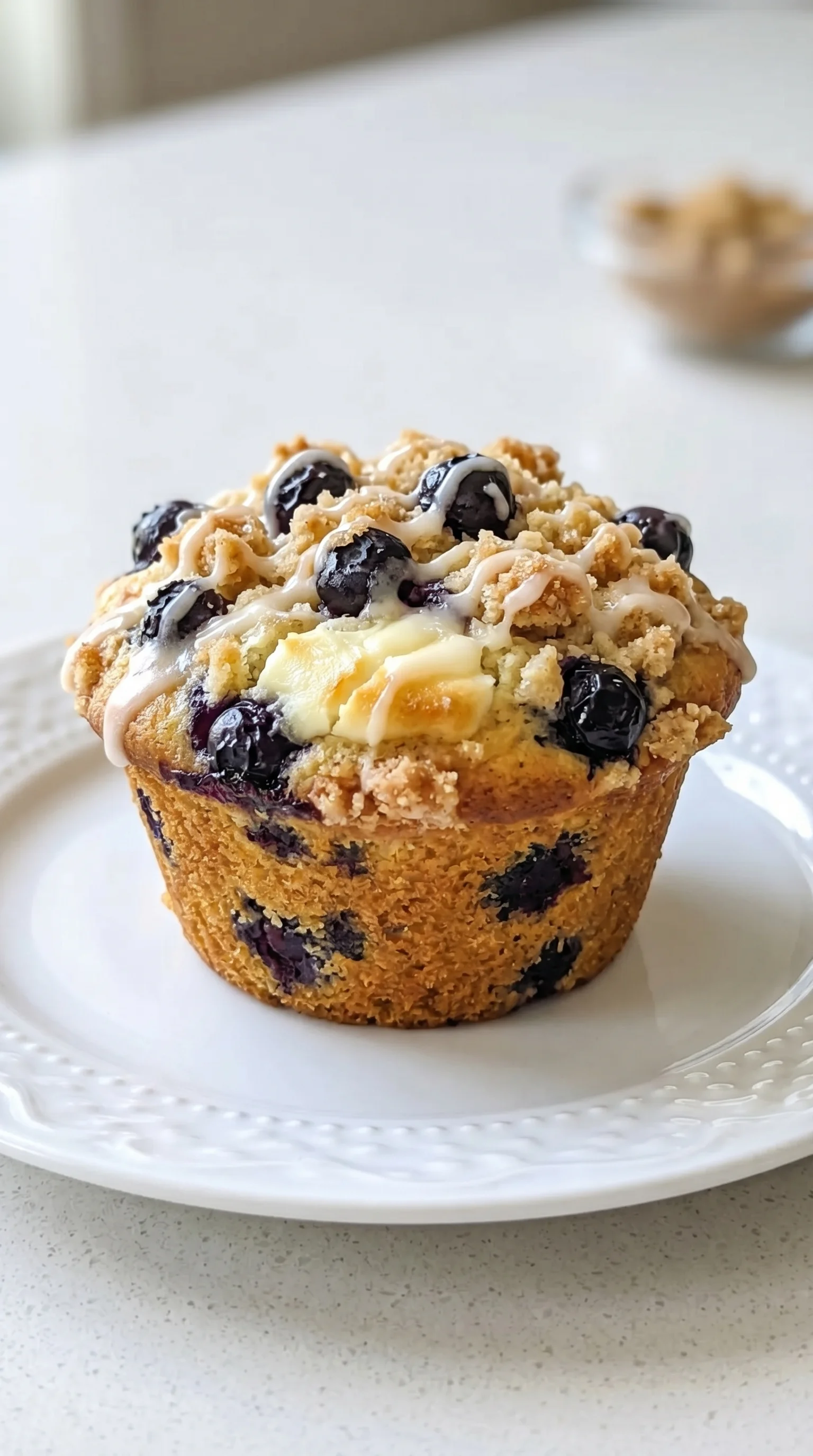 A cupcake with blueberries and cream.