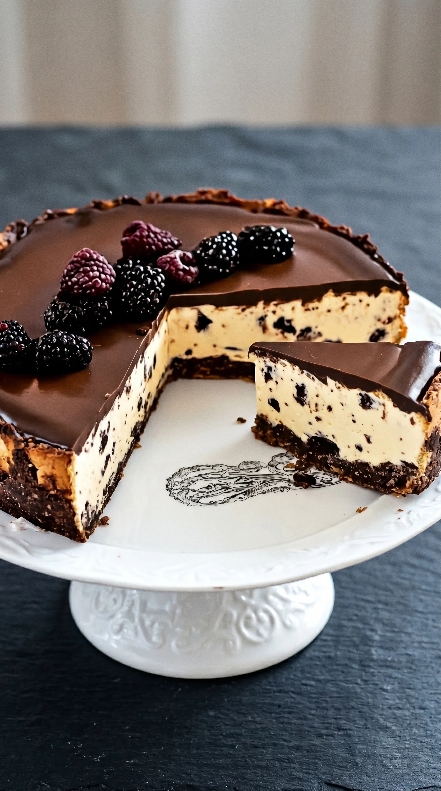 A slice of chocolate and berry cake.
