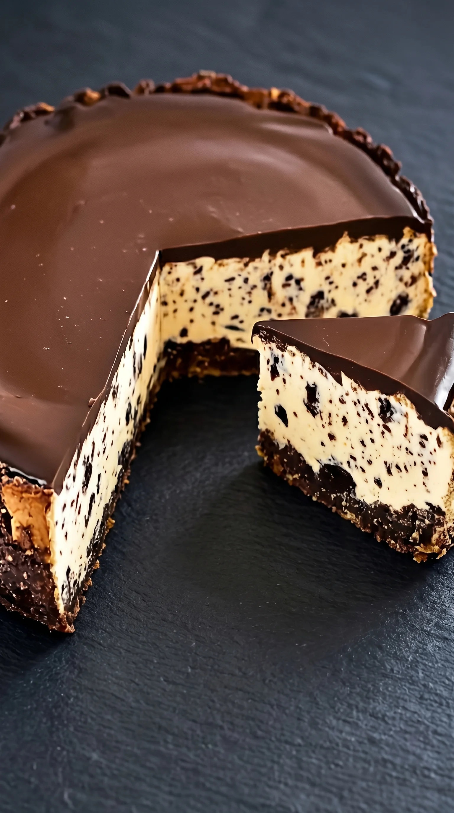 A slice of chocolate and vanilla cake.