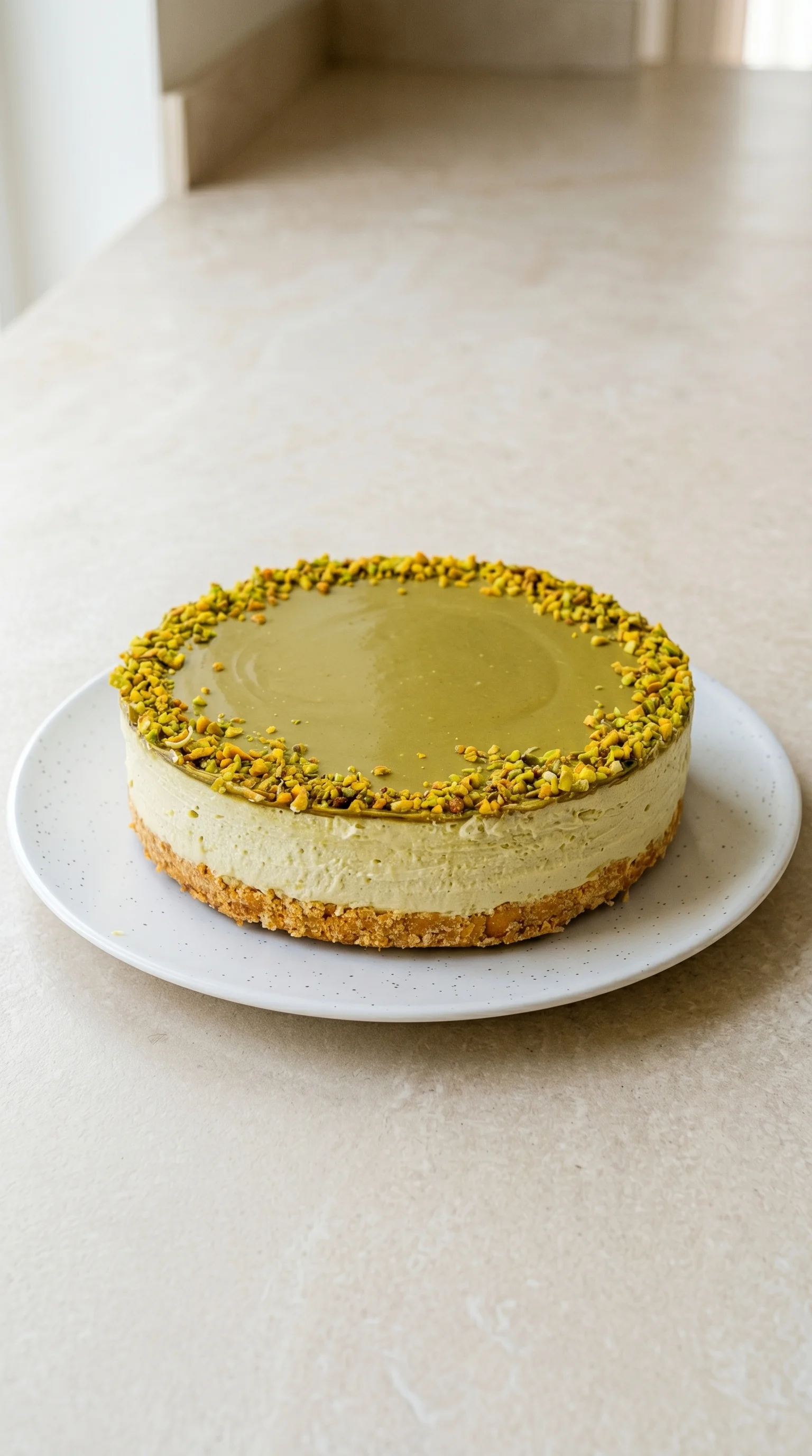 A slice of pistachio cheesecake on a white plate.