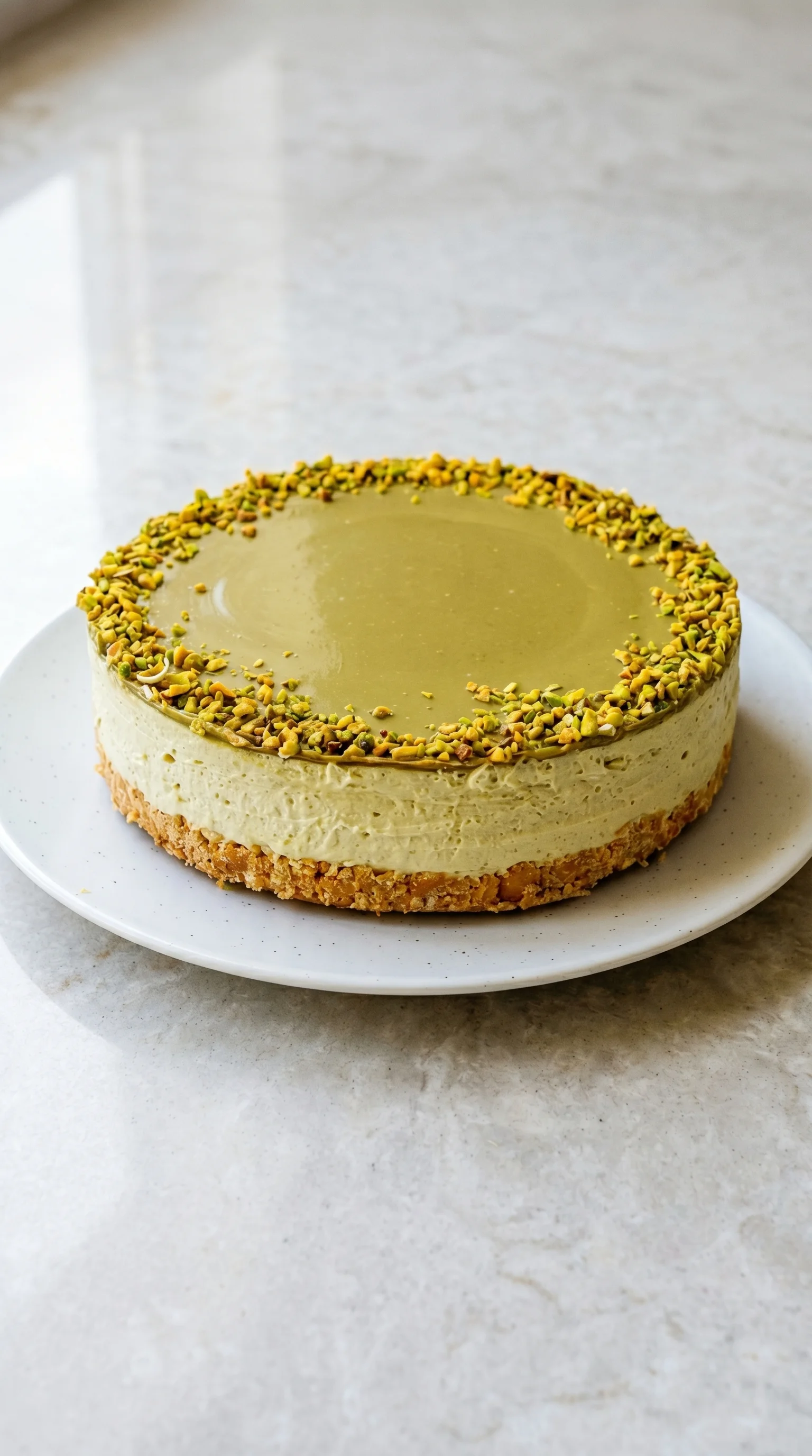 A slice of pistachio cheesecake on a plate.