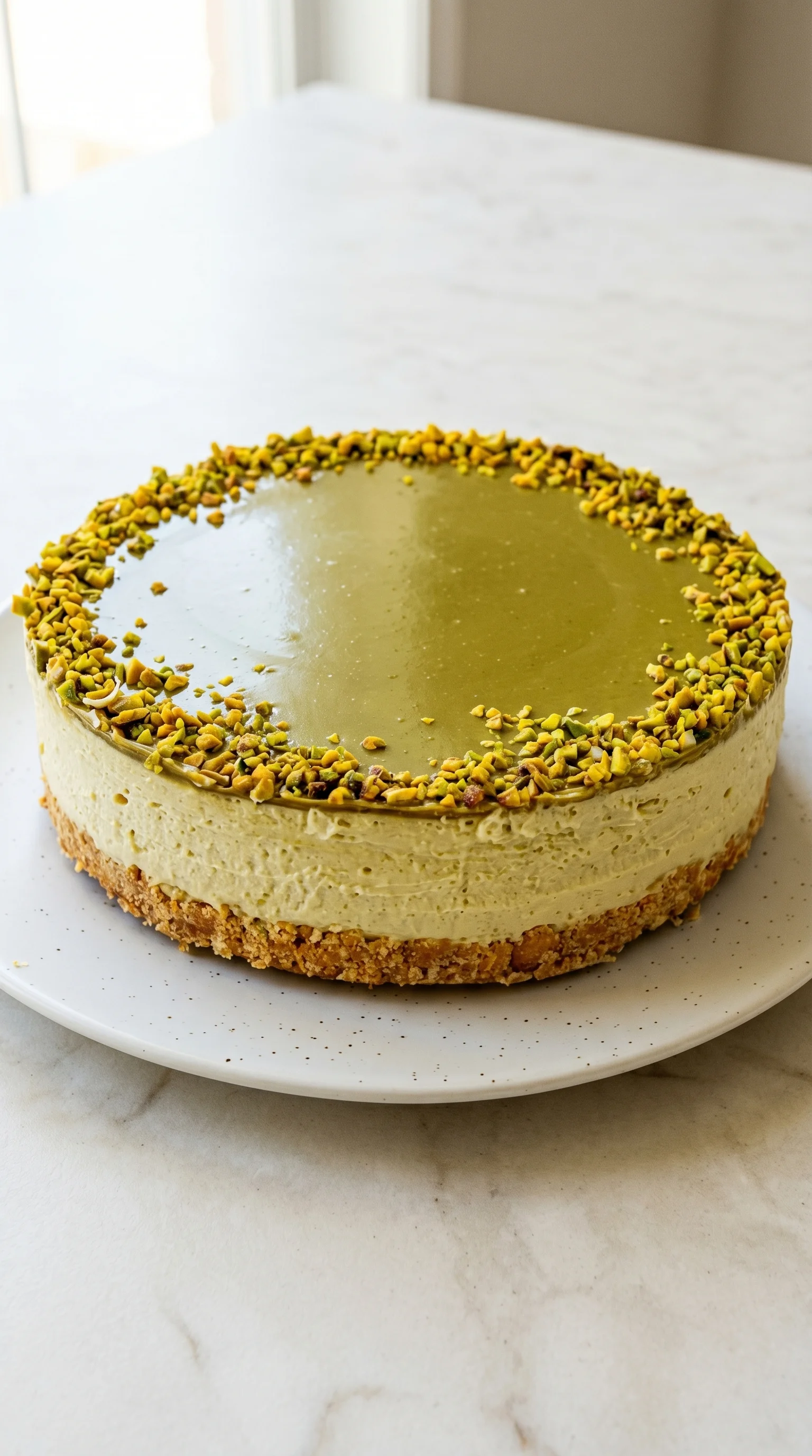 A slice of pistachio cheesecake on a plate.