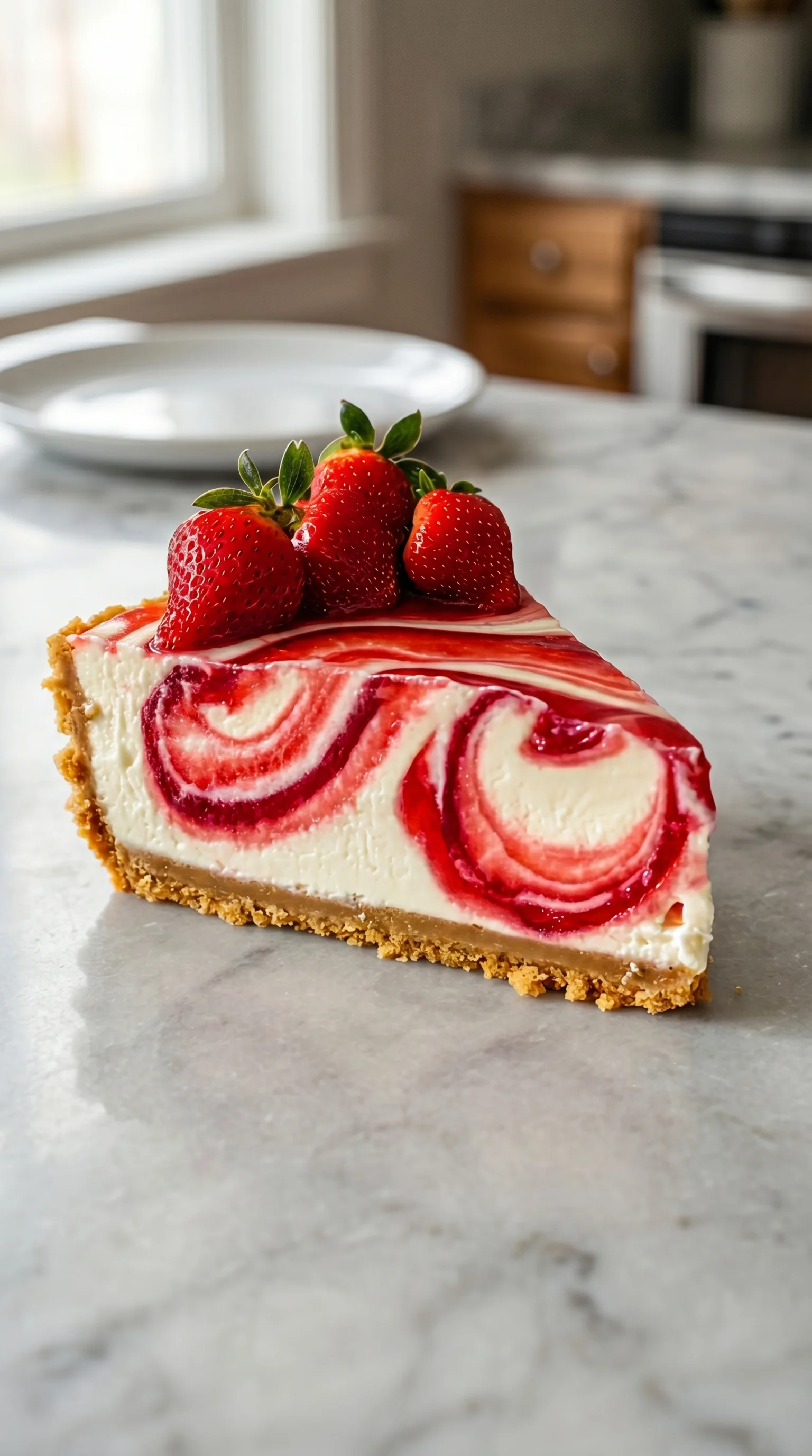 A slice of strawberry cheesecake with strawberries on top.