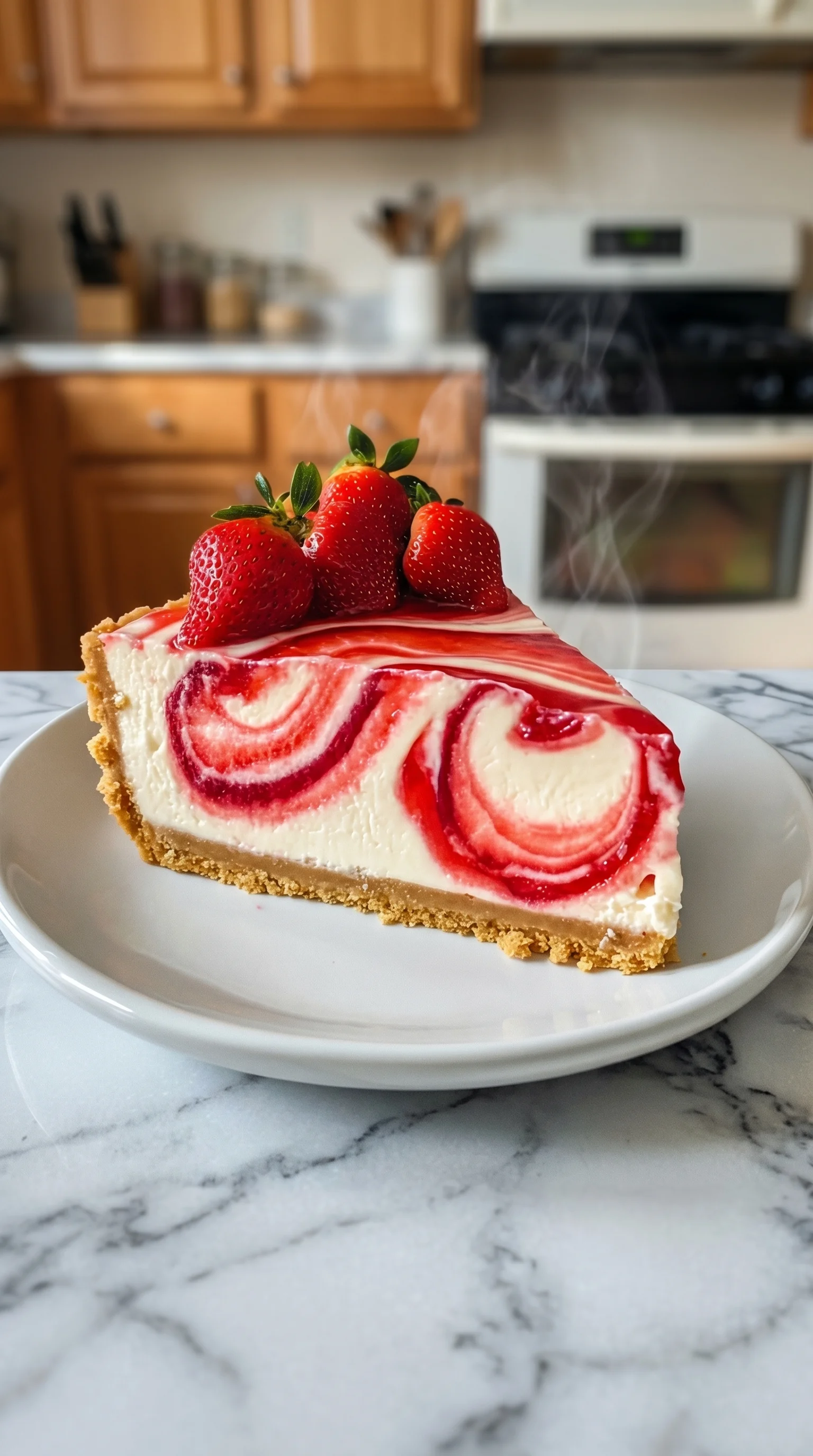 A slice of cheesecake with strawberries on top.