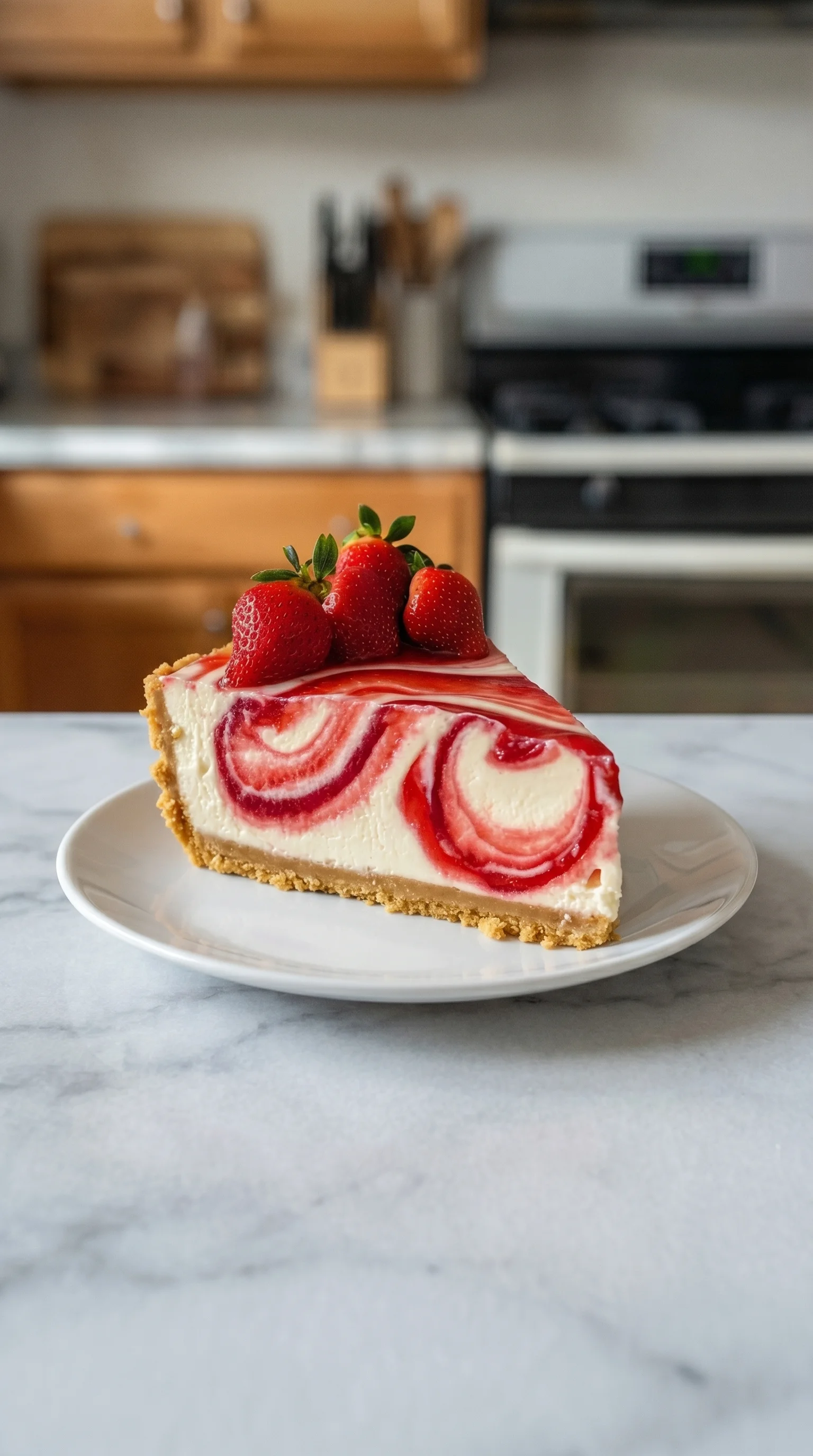 A slice of strawberry cheesecake with a strawberry on top.