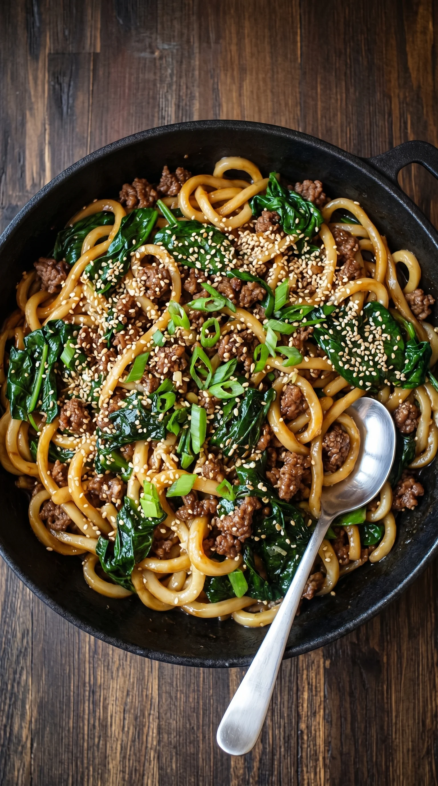 A bowl of noodles with meat and spinach.