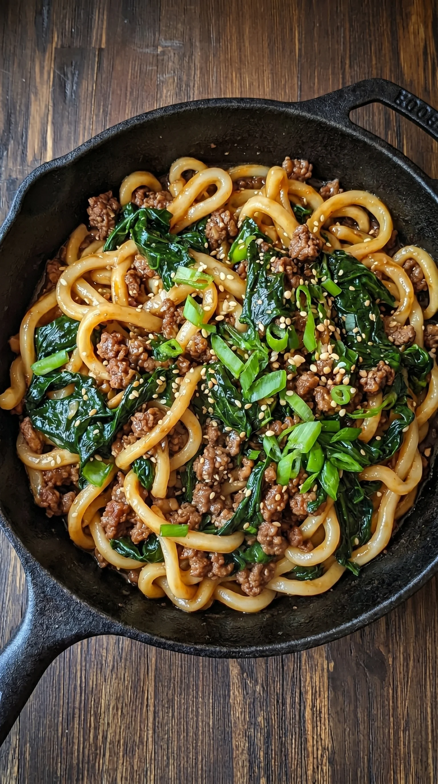 A bowl of noodles with meat and spinach.