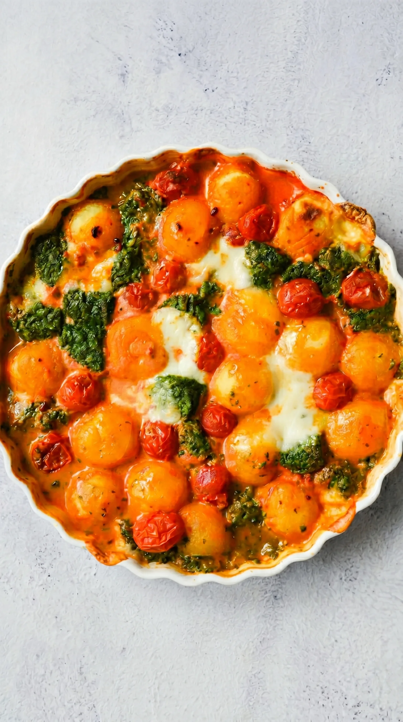 A dish of food with tomatoes, spinach, and mozzarella cheese.
