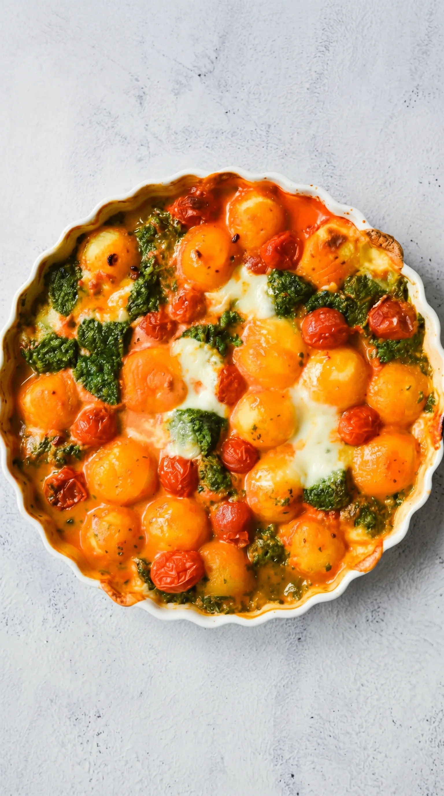 A dish with tomatoes, spinach and mozzarella cheese.