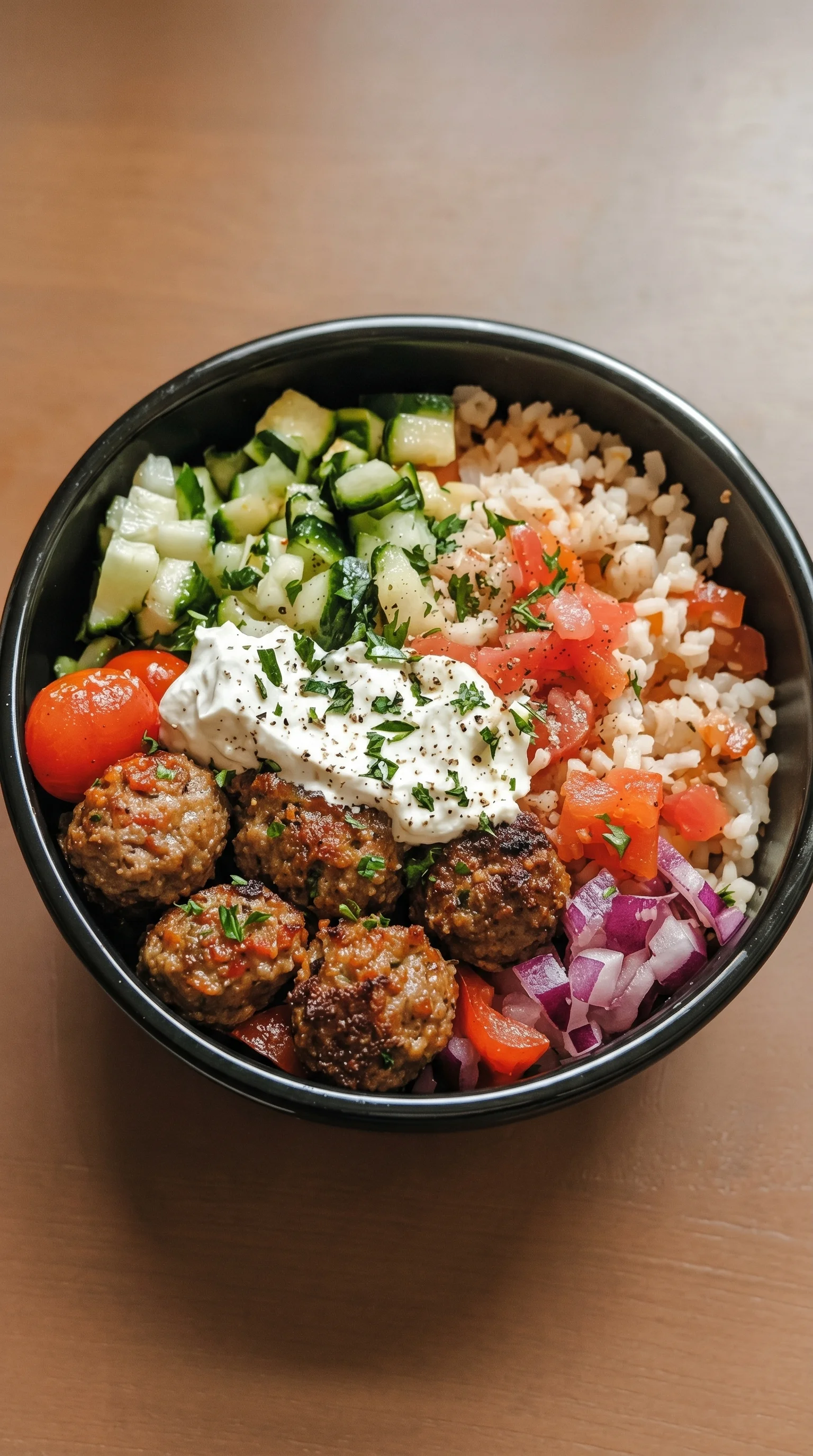 A bowl of Greek meatballs with rice and vegetables.