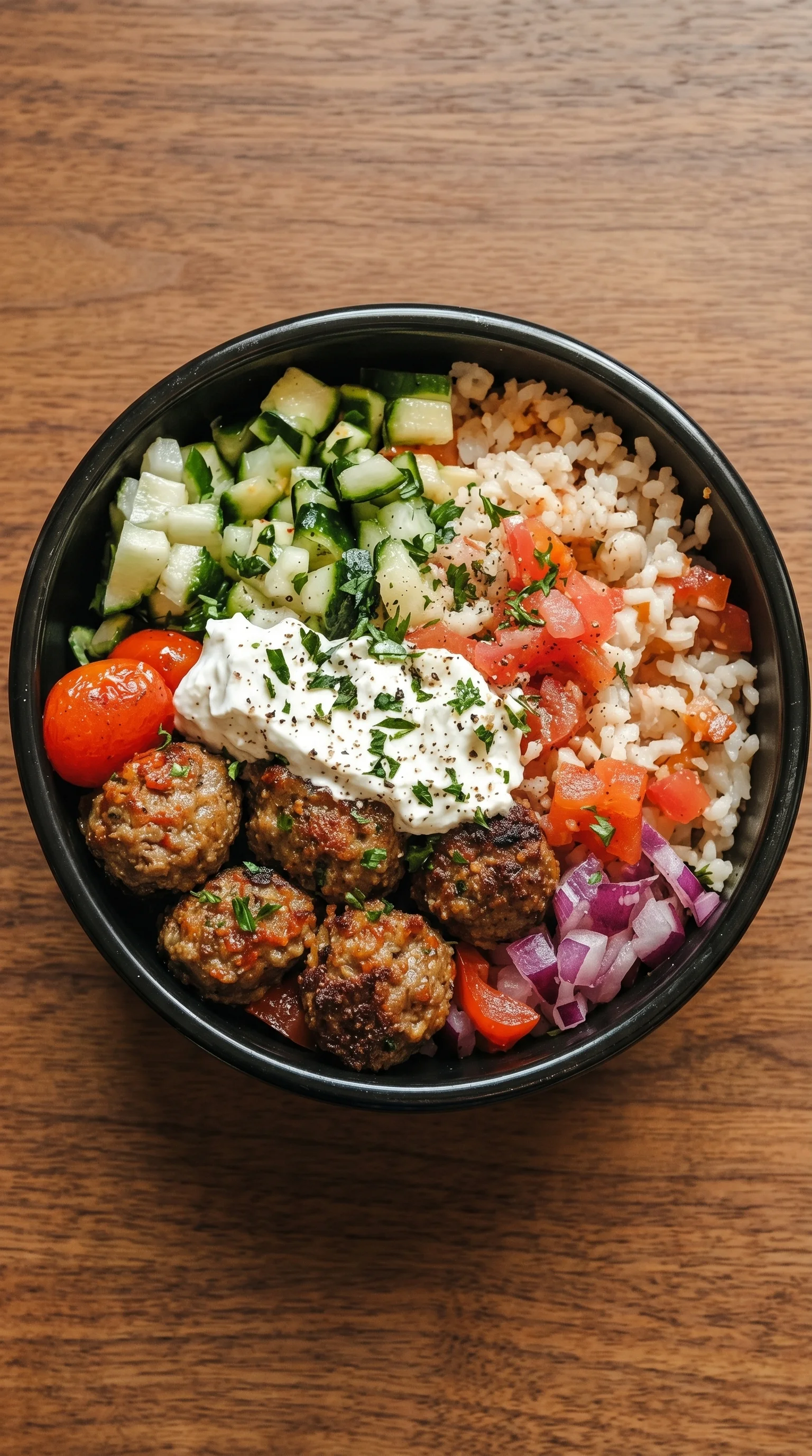 A bowl of food with meatballs, rice, tomatoes, cucumbers, and onions.