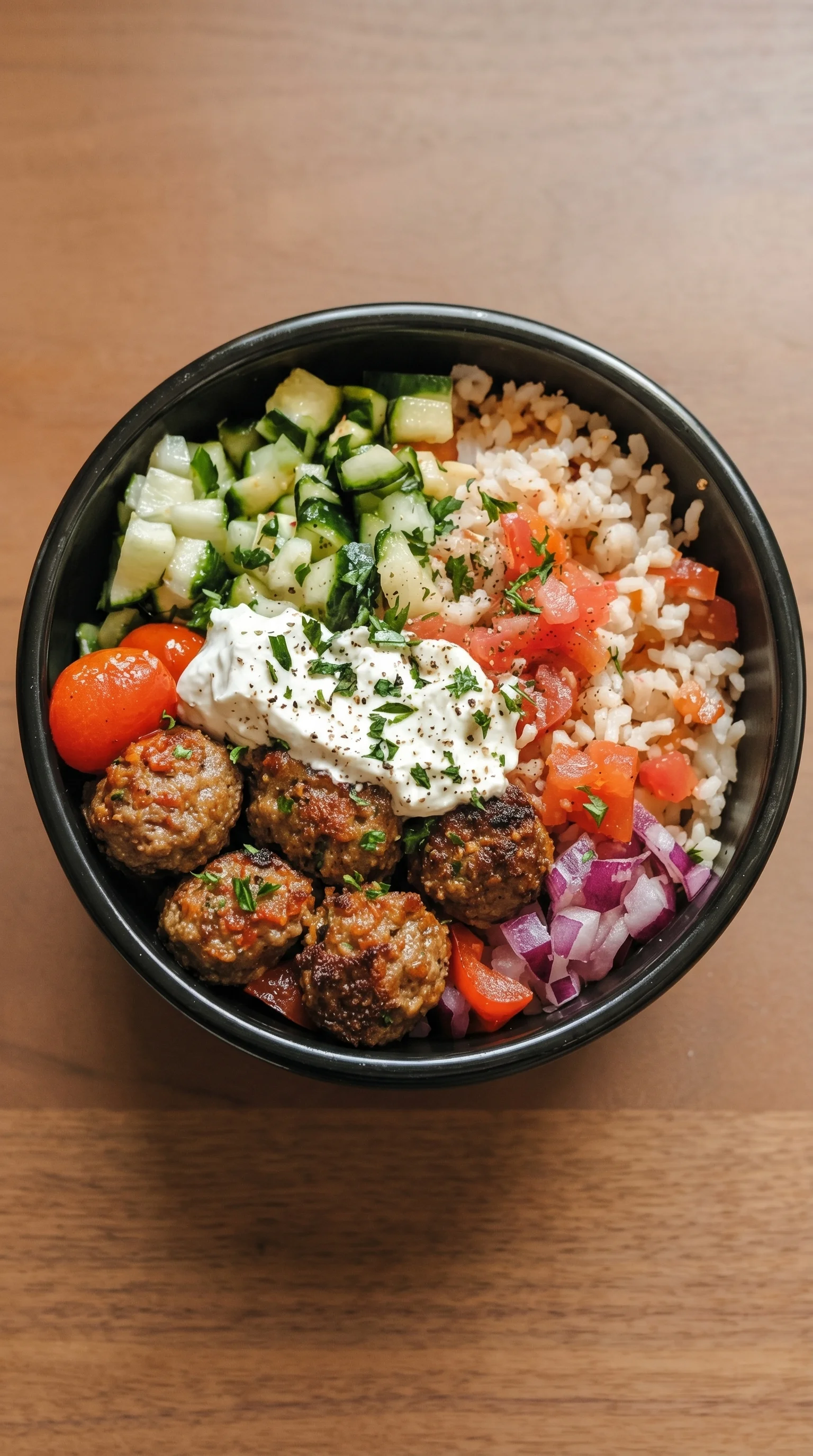 A bowl of food with meatballs, rice, tomatoes, cucumbers, onions, and feta cheese.