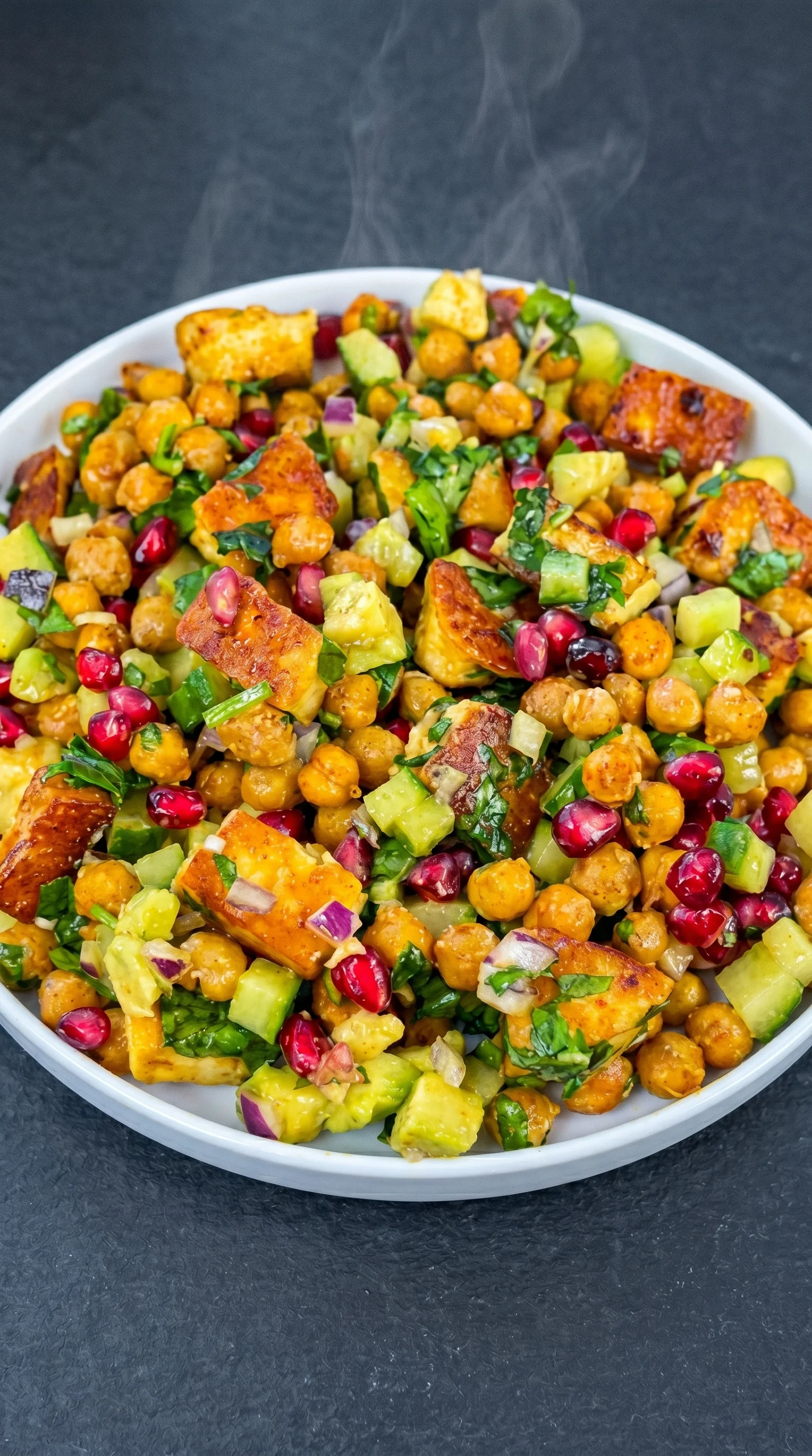 A bowl of salad with chickpeas, onions, and other vegetables.
