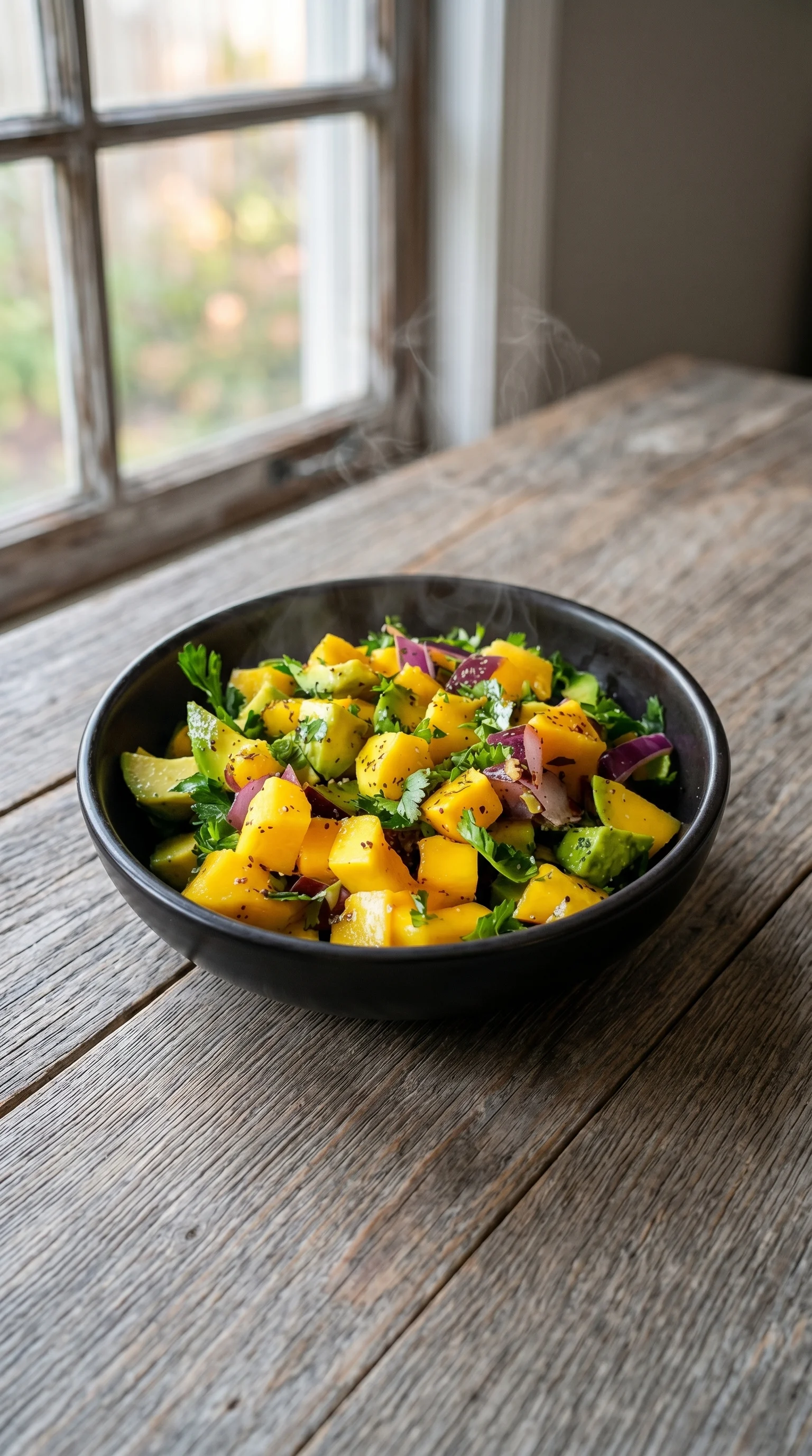 A bowl of fruit salad with avocado, mango, and onions.
