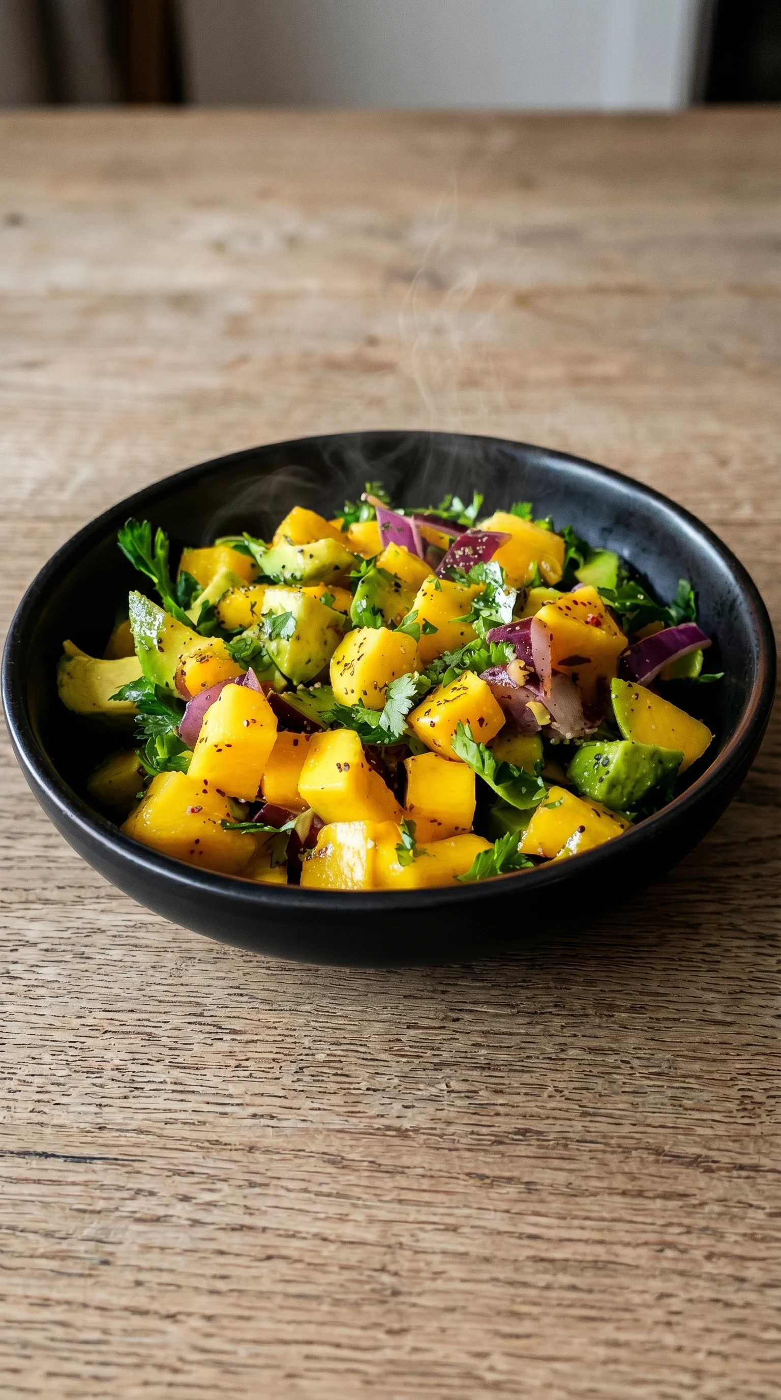 A bowl of fruit salad with avocado, mango, and onions.