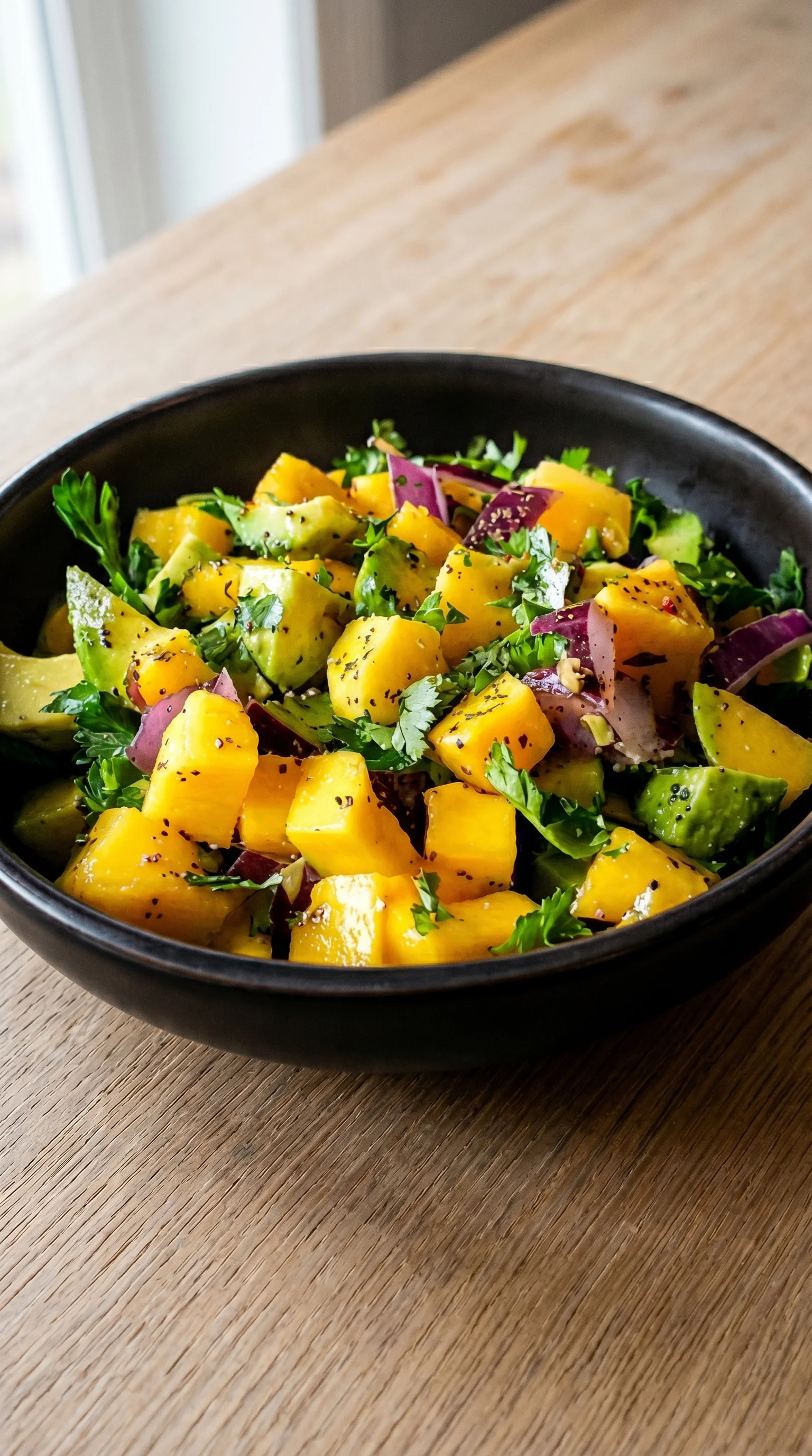 A bowl of fruit salad with avocado, mango, and onions.