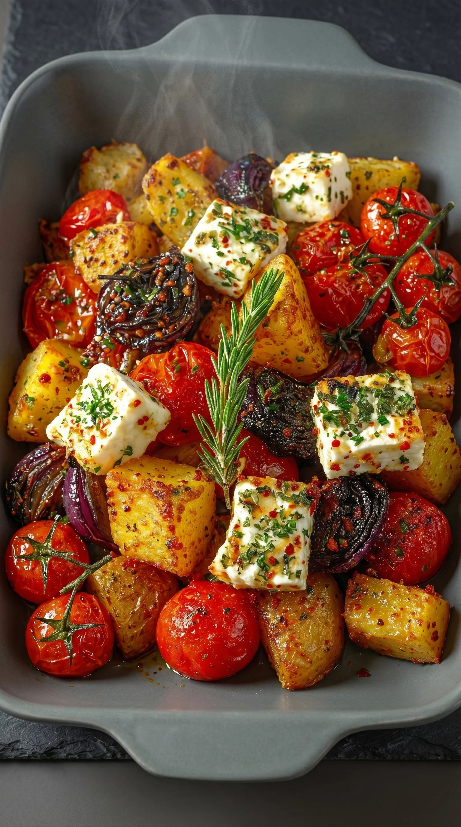 A dish of feta cheese and potatoes.