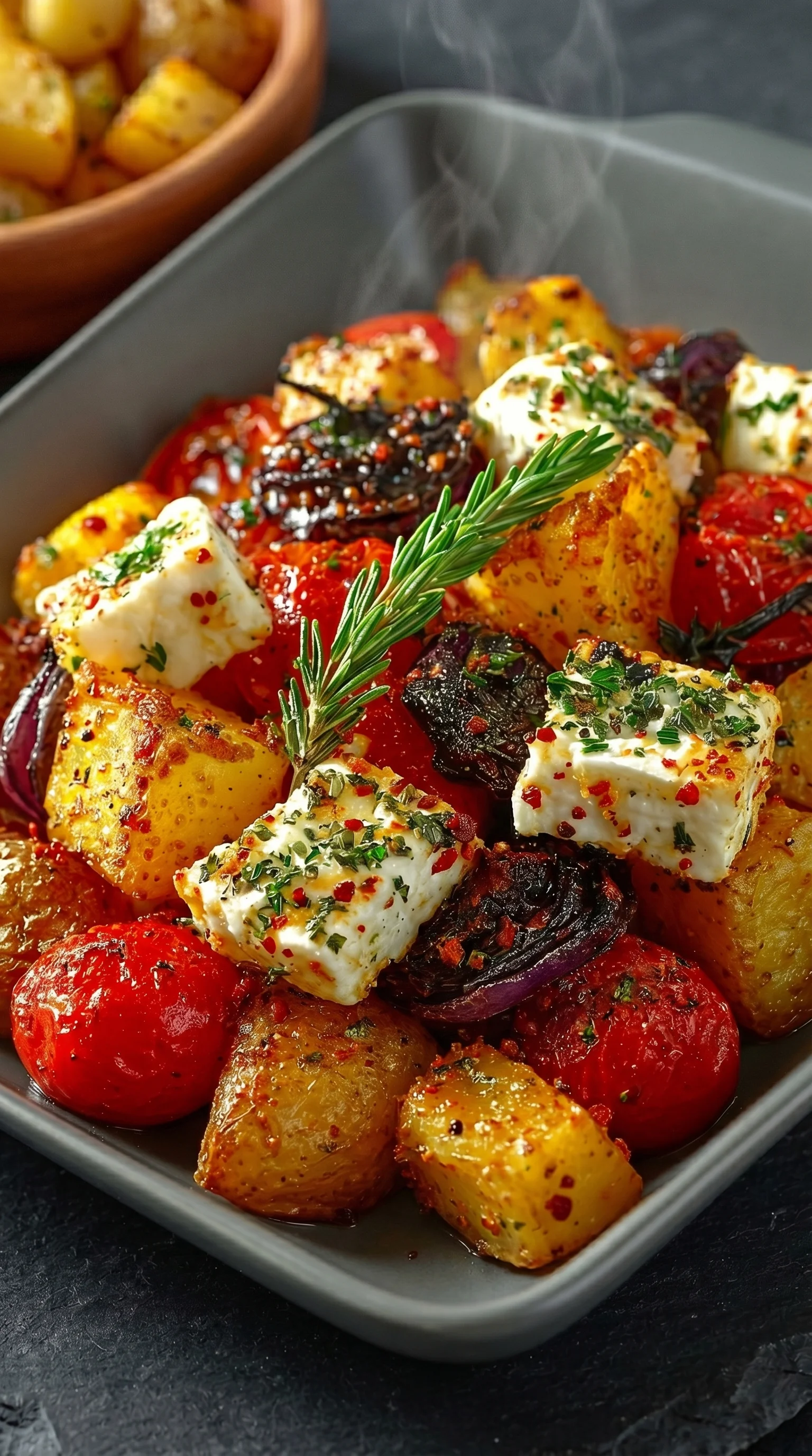 A plate of food with feta cheese and tomatoes.
