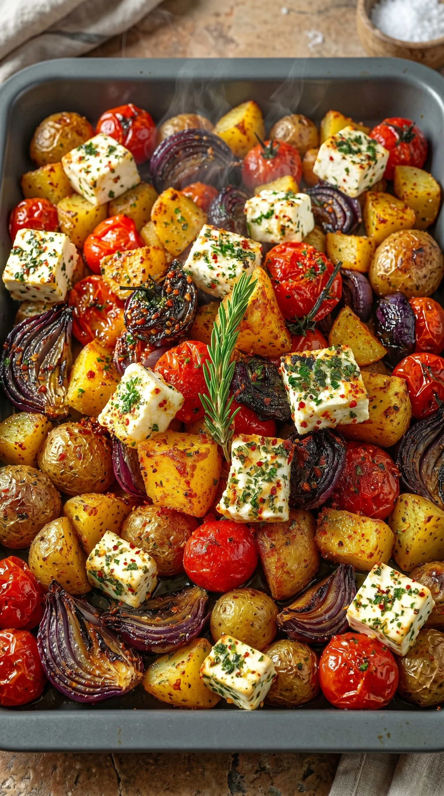 A dish of feta cheese and potatoes.