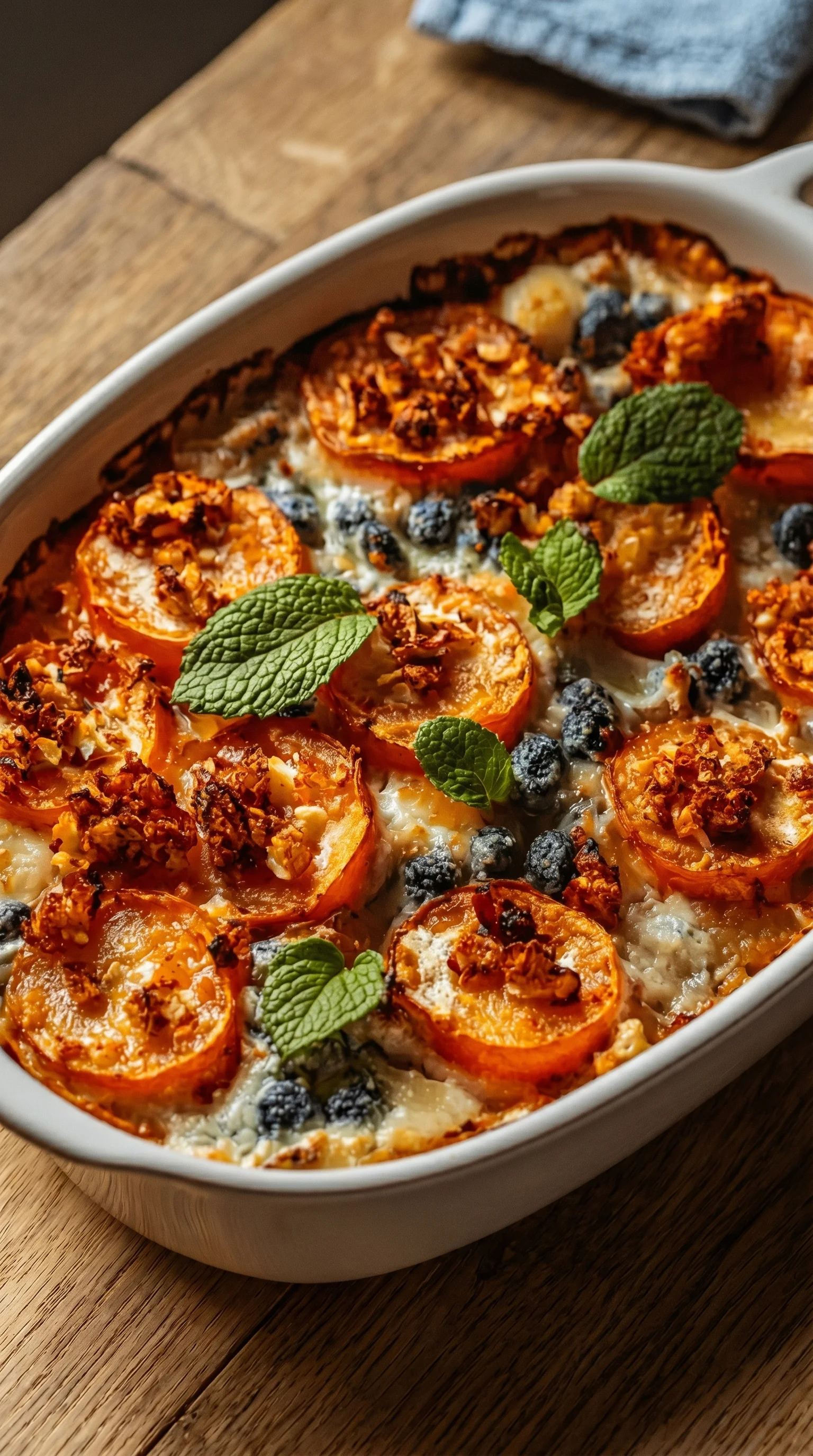 A white bowl filled with a dish containing blueberries, orange slices, and mint.