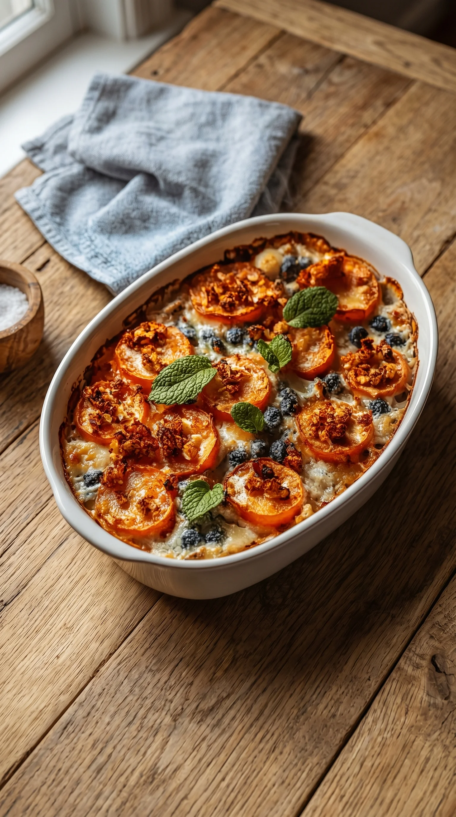A white bowl filled with a dish containing blueberries and tomatoes.