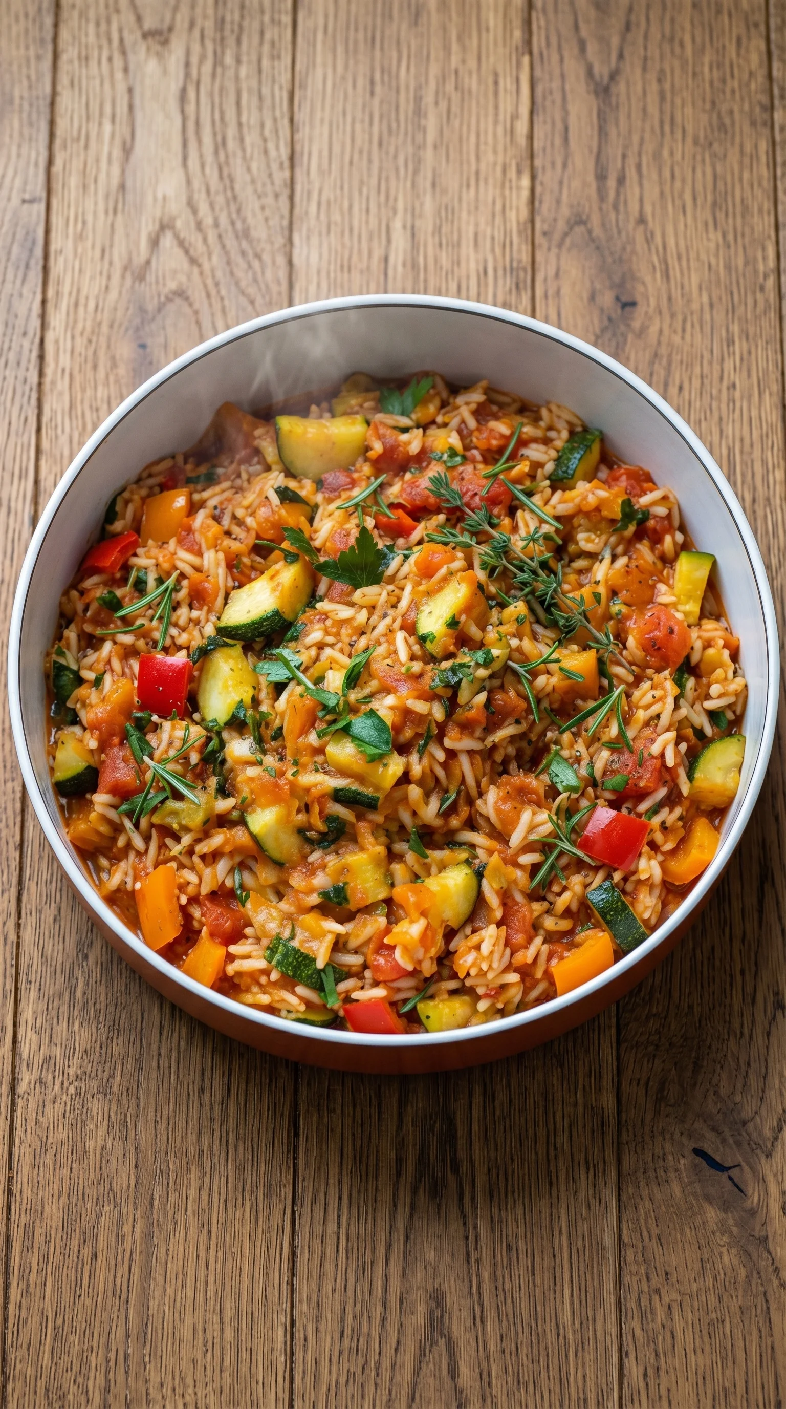 A bowl of rice with vegetables.