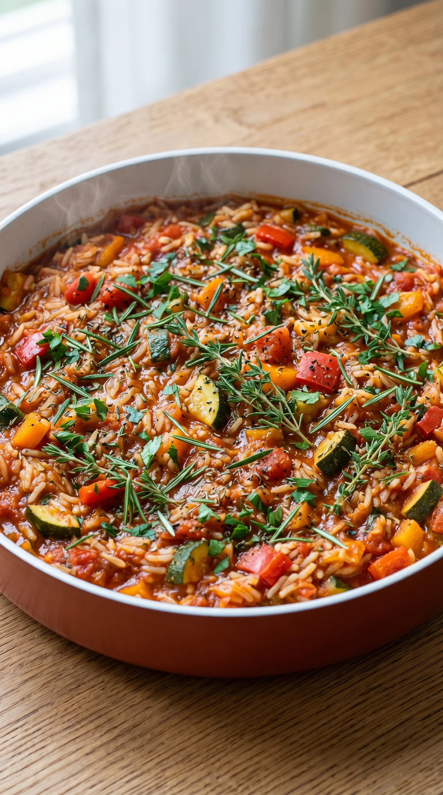 A bowl of rice with zucchini and tomatoes.