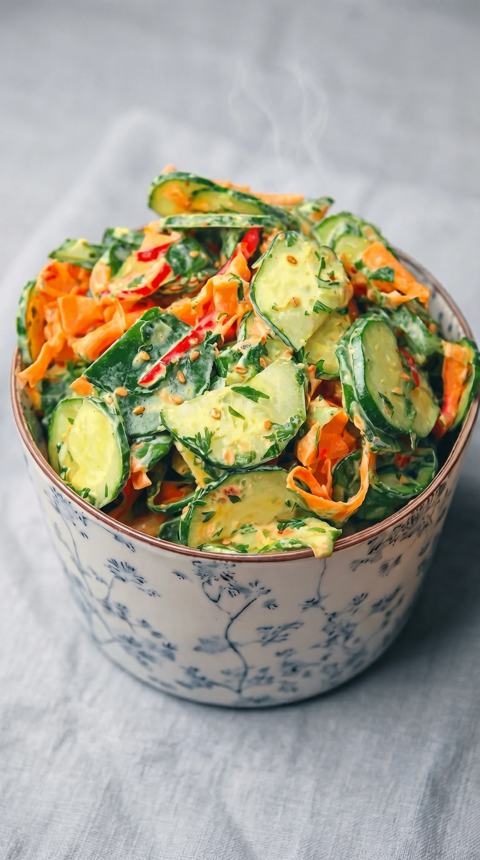 A bowl of vegetables including cucumbers, carrots, and peppers.