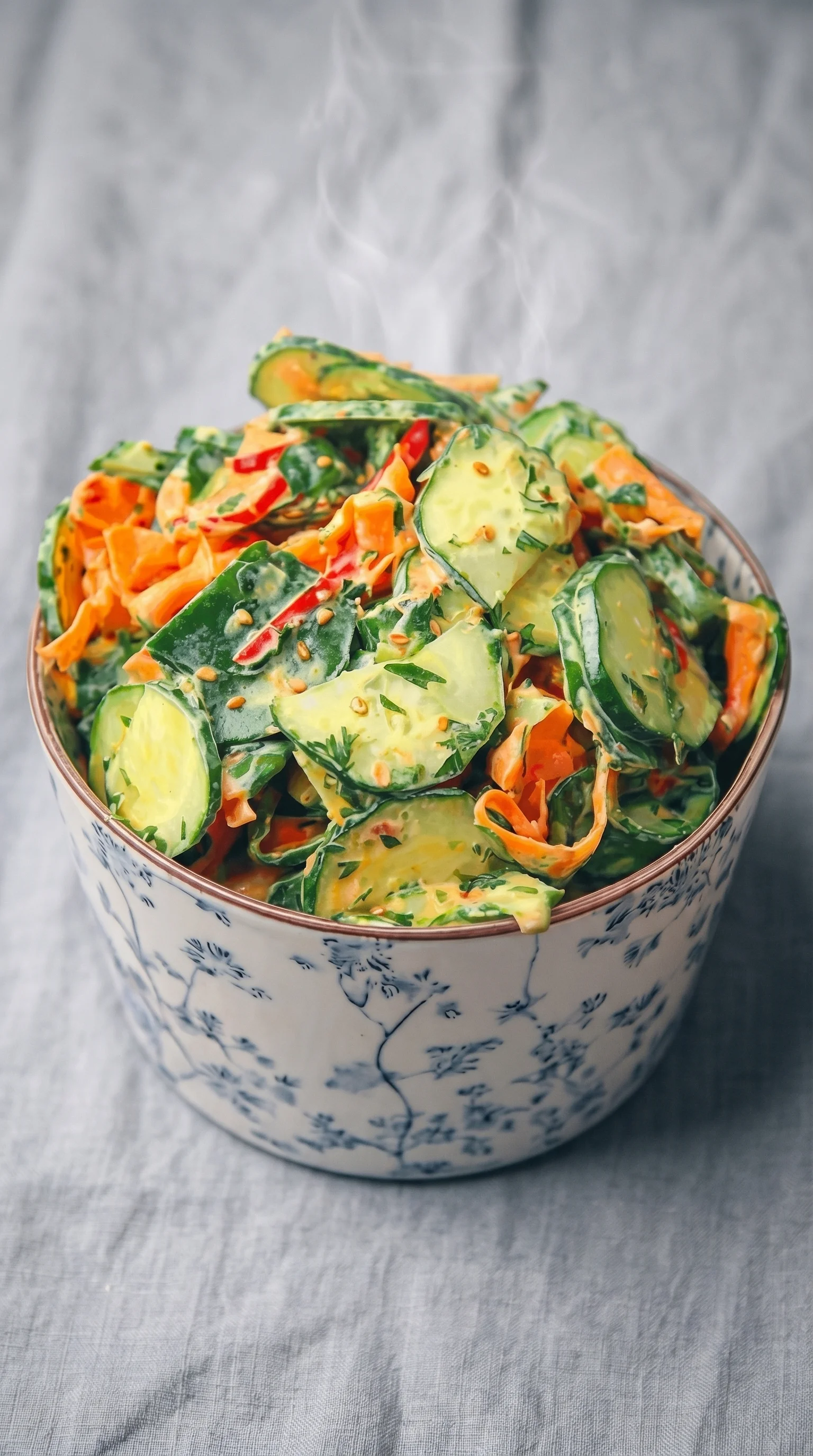 A bowl of vegetables including cucumbers, carrots, and peppers.