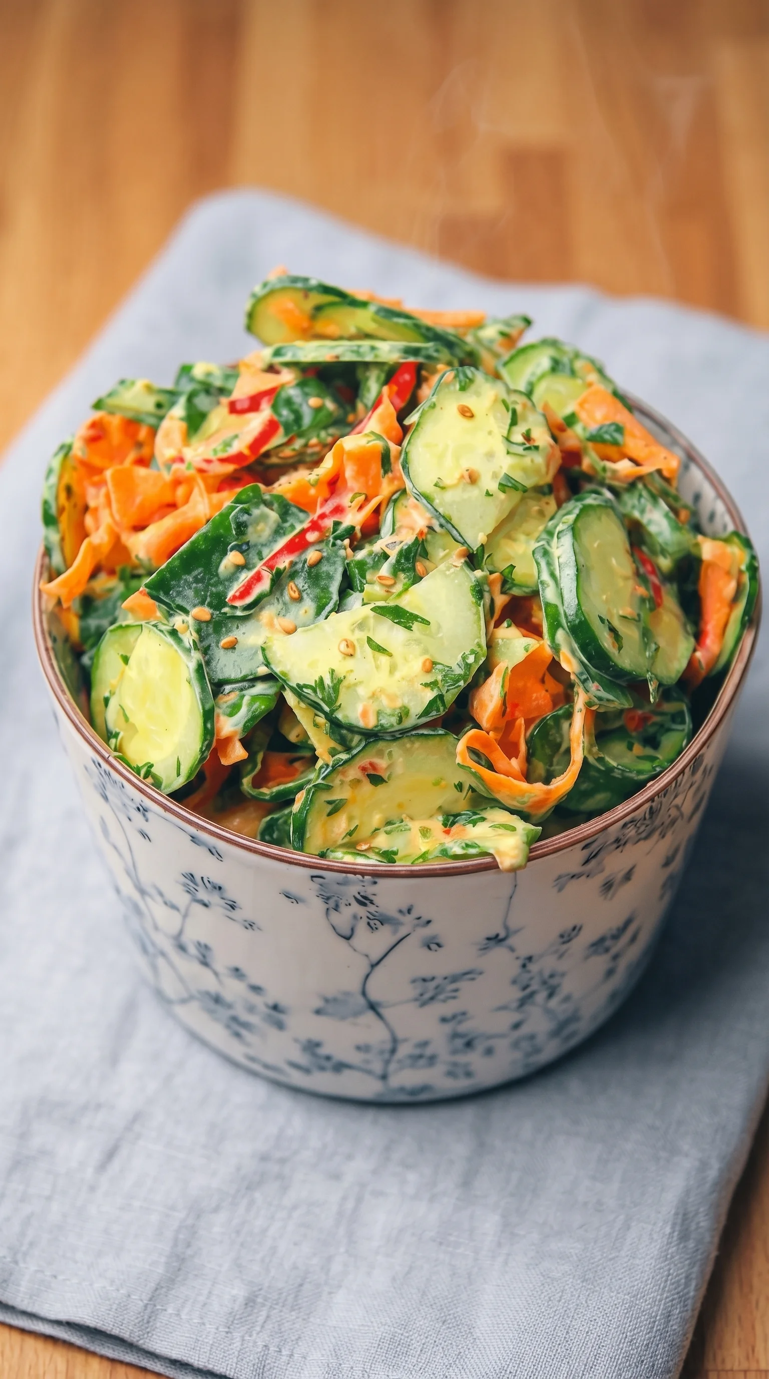 A bowl of vegetables including cucumbers and carrots.