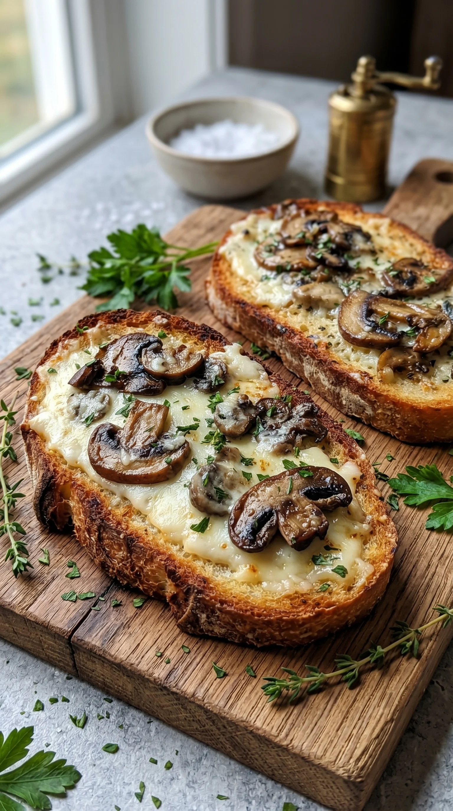 Toasts with mushrooms and herbs on a wooden table.