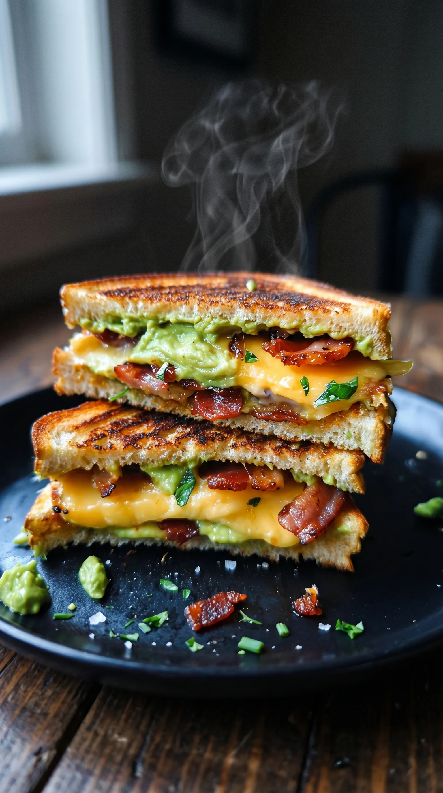 A grilled sandwich with bacon, cheese, and avocado.