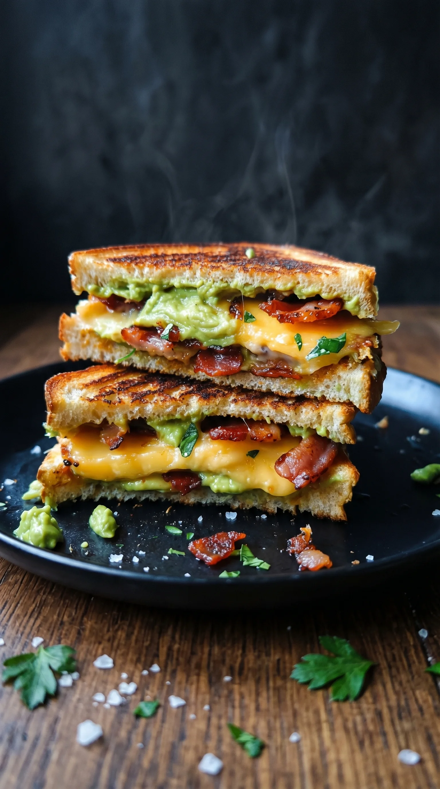 A grilled sandwich with bacon, cheese, and avocado.