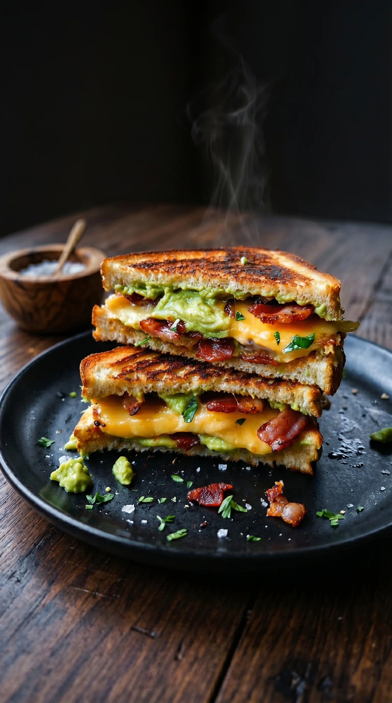 A grilled sandwich with cheese, bacon, and avocado.